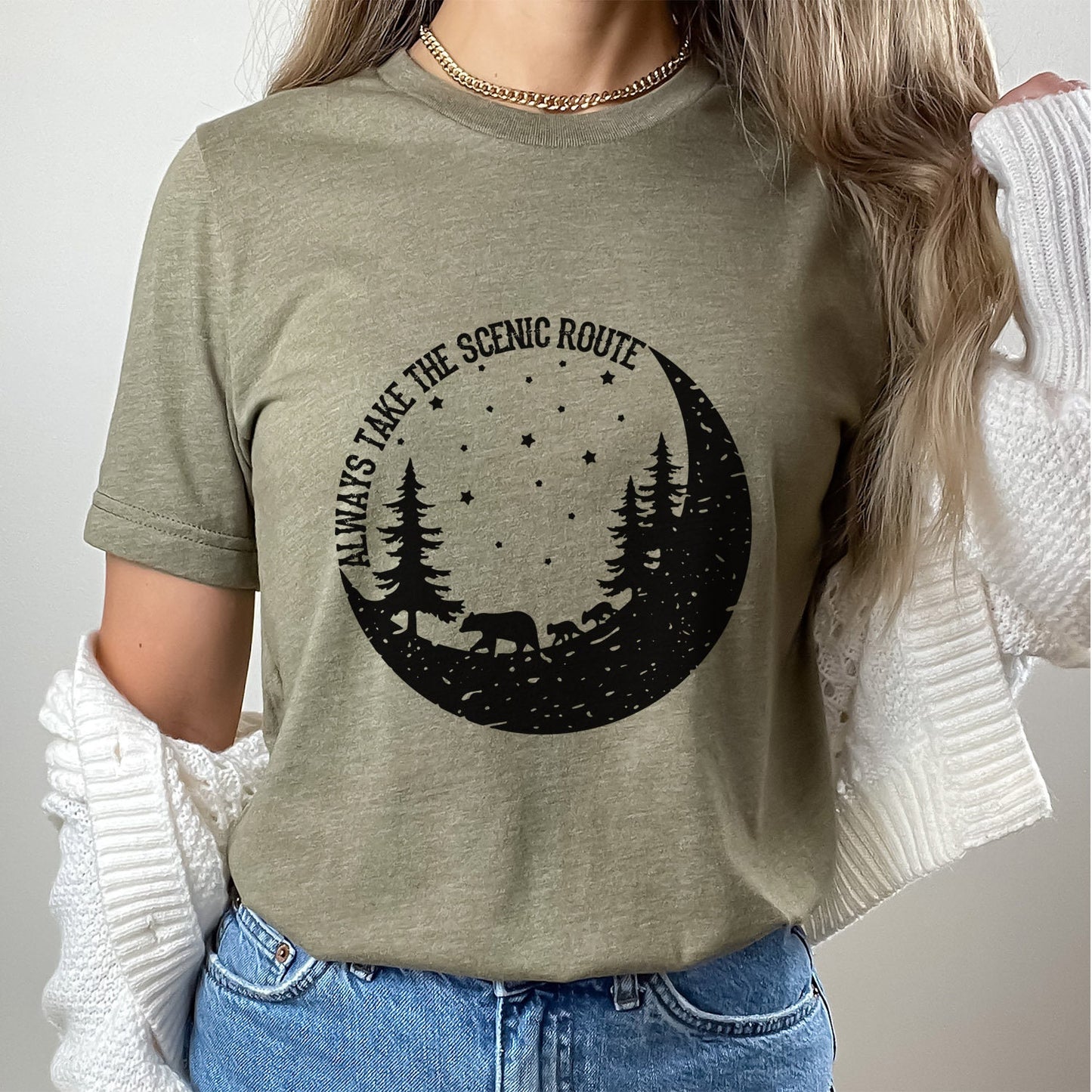 T-shirt « Prenez toujours la route panoramique », t-shirt de voyageur, t-shirt avec lune, t-shirt d'amoureux de la nature, t-shirt de plein air, t-shirts de camping