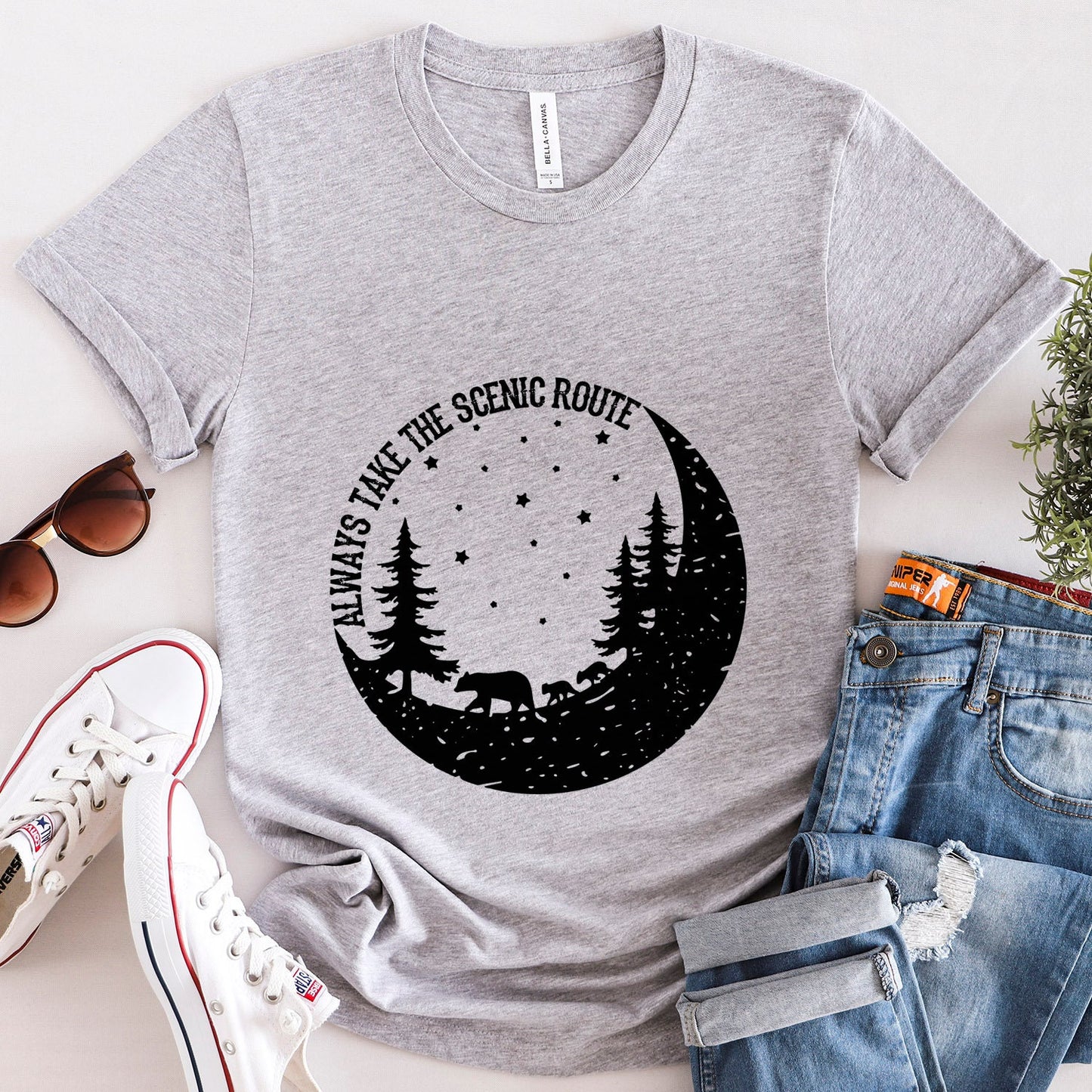 T-shirt « Prenez toujours la route panoramique », t-shirt de voyageur, t-shirt avec lune, t-shirt d'amoureux de la nature, t-shirt de plein air, t-shirts de camping