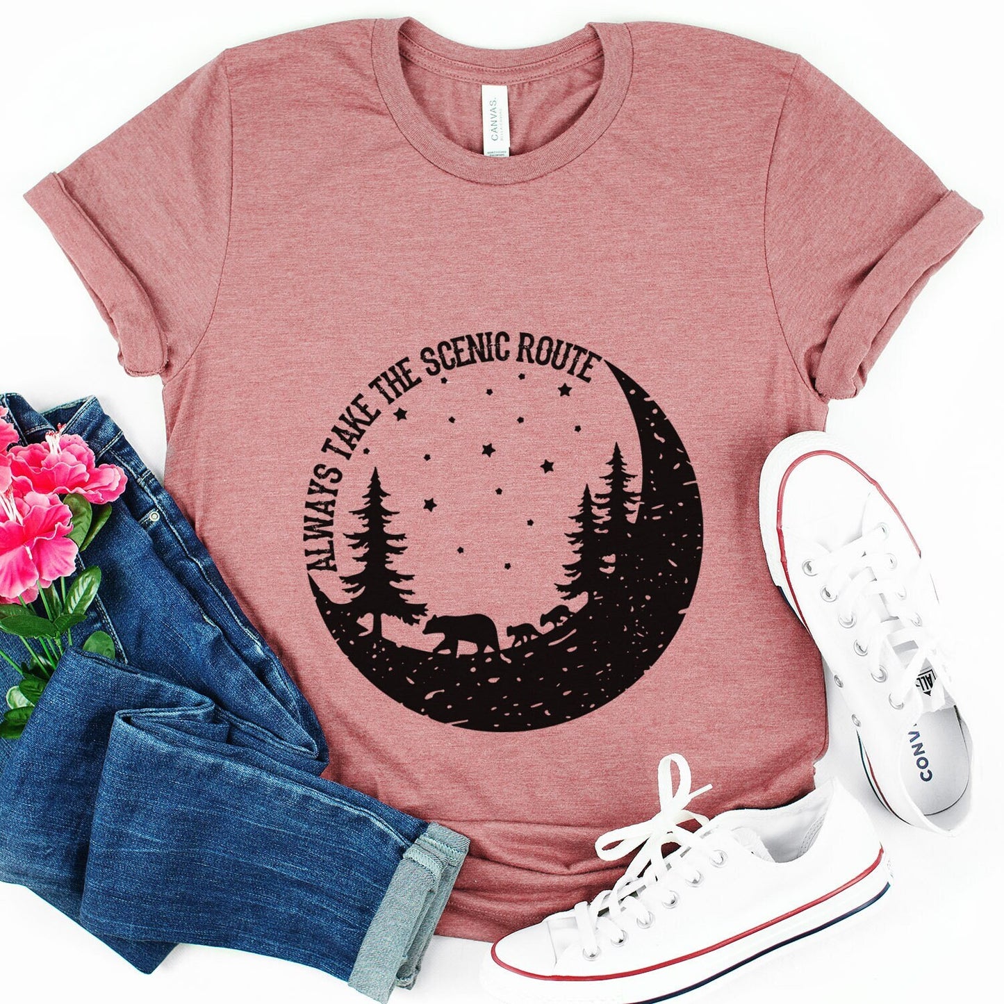 Always Take the Scenic Route T-shirt, Travelers Shirt, Shirt with Moon, Nature Lovers Shirt, Outdoors Shirt, Camping T-shirts