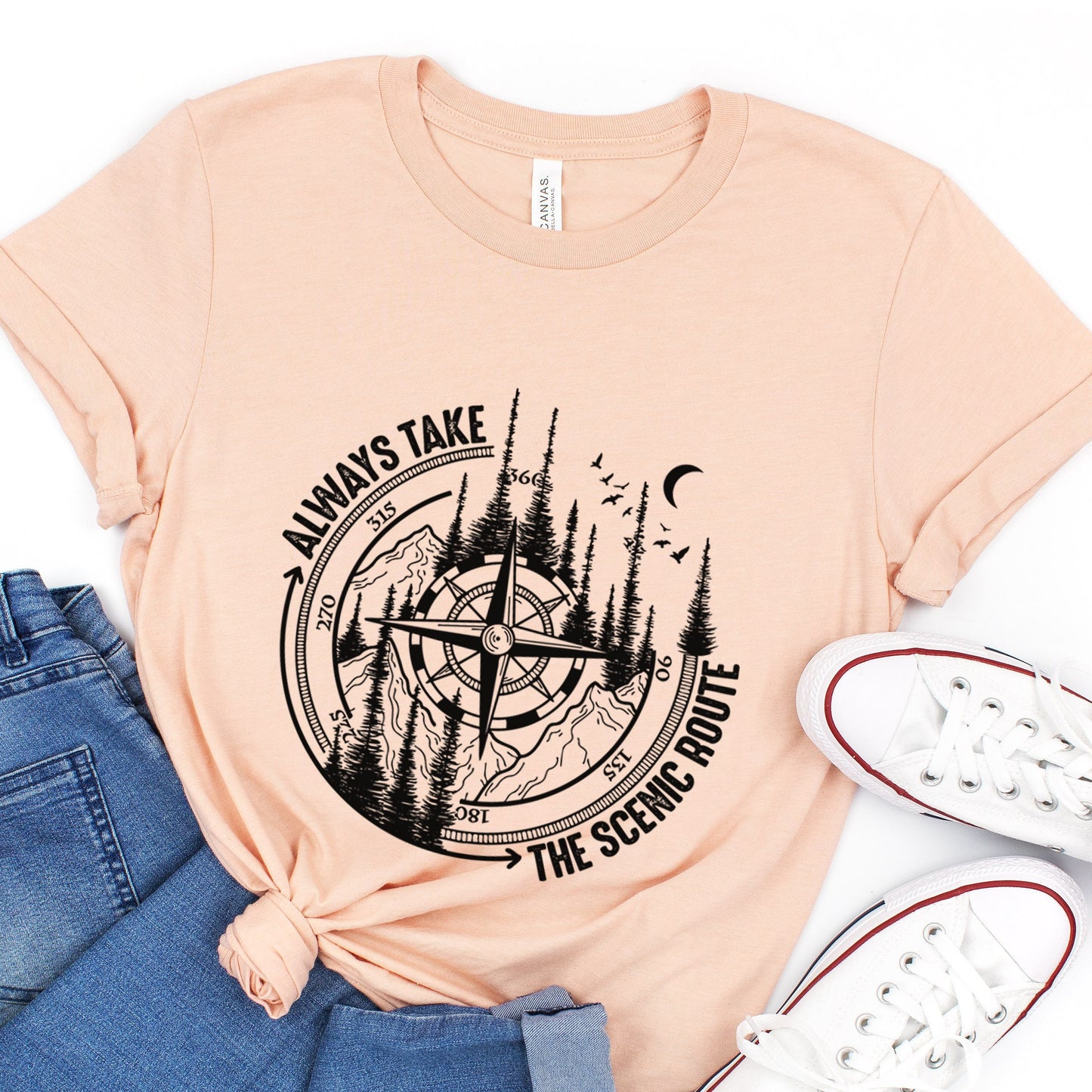 T-shirt « Prenez toujours la route panoramique », T-shirt « Boussole », T-shirt « Voyageurs », T-shirt « Amoureux de la forêt », T-shirt « Camping en plein air », T-shirts de camping