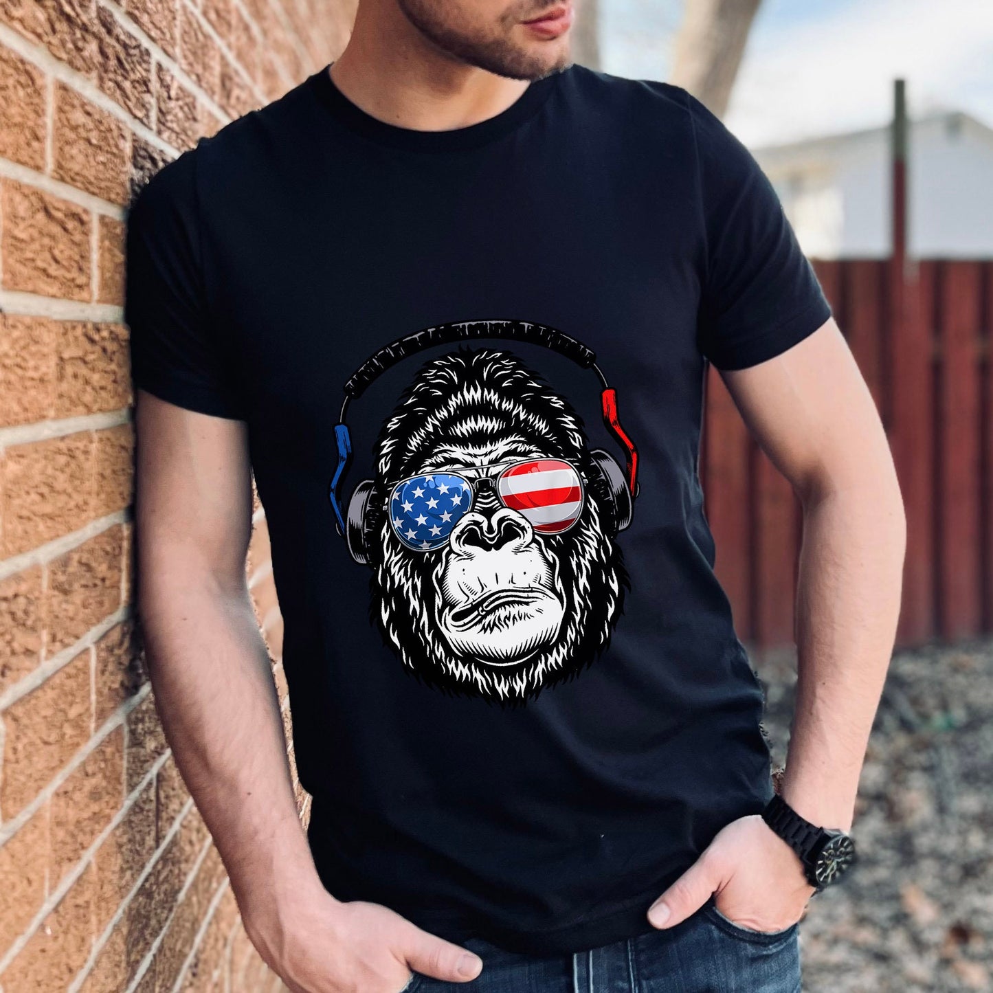 Gorilla Monkey Head T-shirt, Glasses Funny T-shirt, Independence Day Shirt, July 4th T-shirt, American Flag Shirt