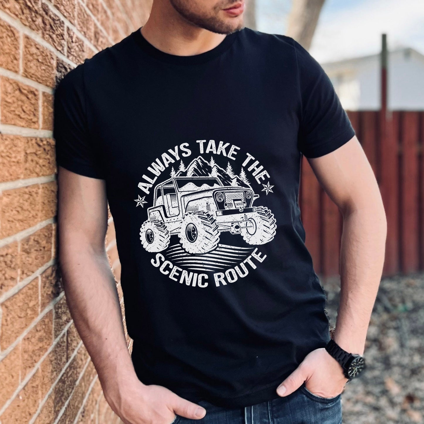 Always Take the Scenic Route T-shirt, Road T-shirt, Travelers Shirt, Outdoors Shirt, Camping T-shirt, Adventure Wild Forest Off-Road Car