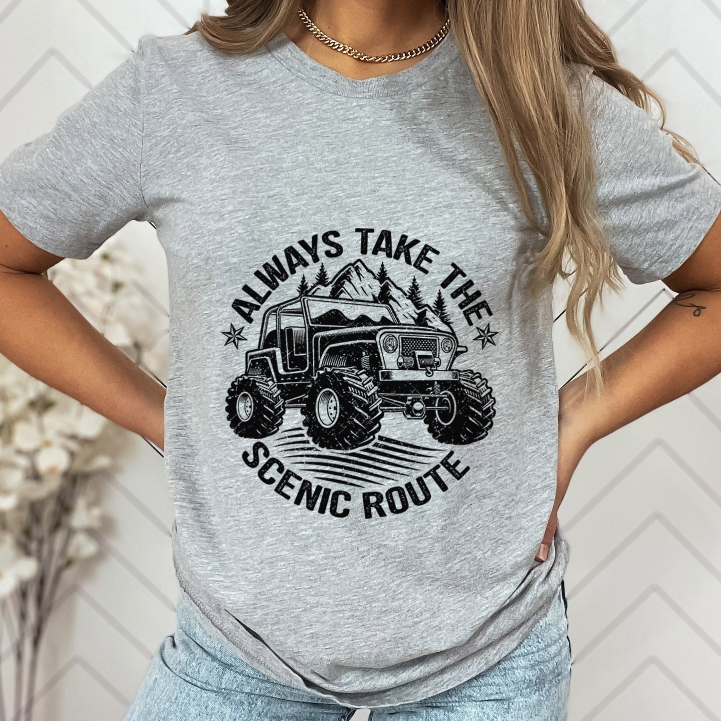 T-shirt « Prenez toujours la route panoramique », T-shirt de route, T-shirt de voyageur, T-shirt de plein air, T-shirt de camping, Aventure en forêt sauvage en voiture tout-terrain