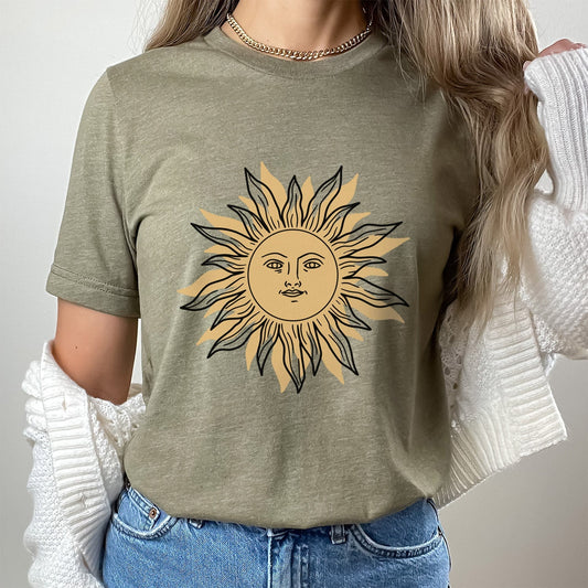 T-shirt visage de soleil, chemise mystique, t-shirt bohème, t-shirt solaire, t-shirt lune et étoiles, t-shirt bohème, chemise astrologique, cadeau pour elle