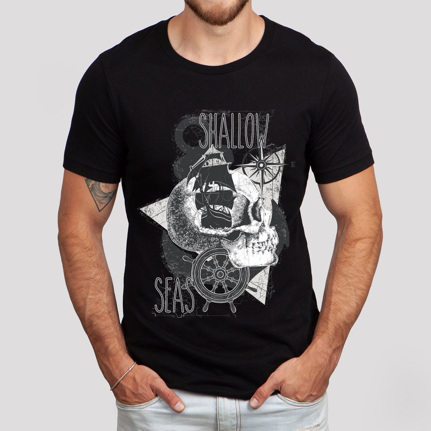 Shallow Seas T-shirt, Sea T-shirt, Nautical Shirt, Skull Shirt, T-shirt with Compass, Sea Shirt, Travel T-Shirt, Outdoors Shirt