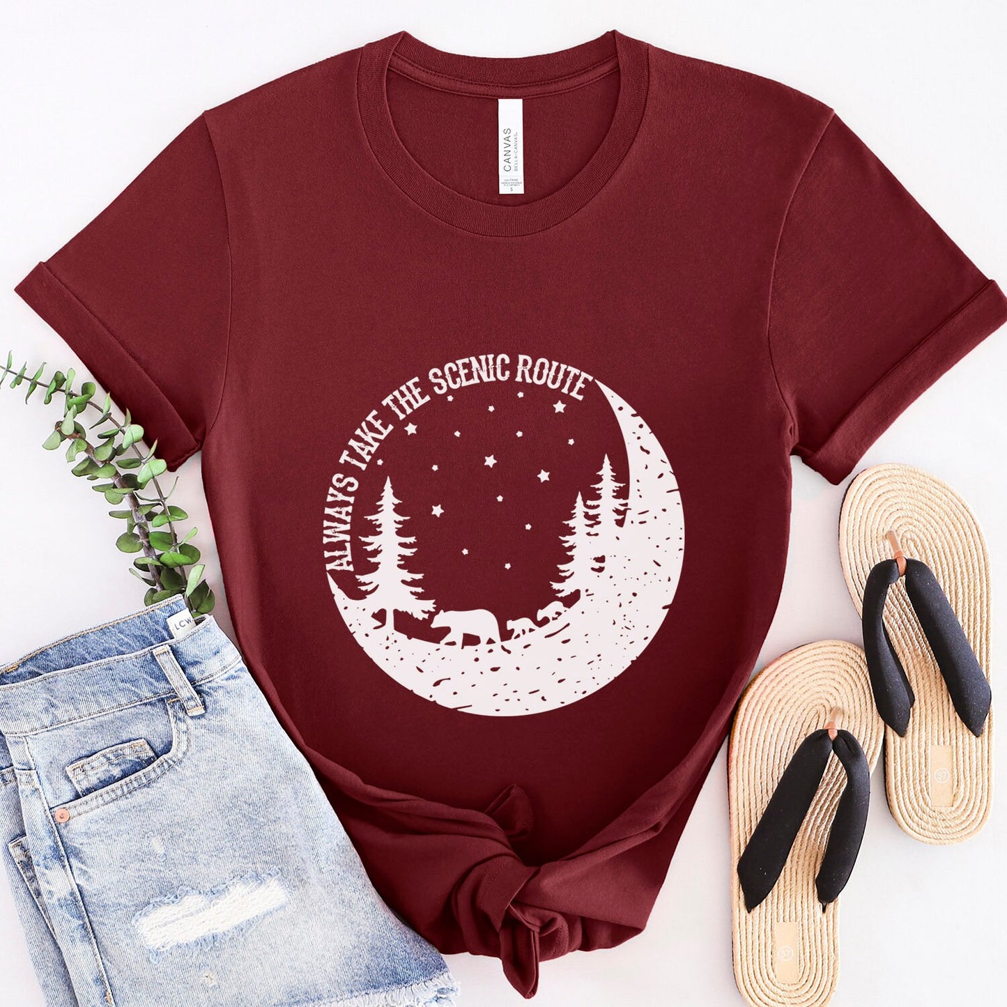 T-shirt « Prenez toujours la route panoramique », t-shirt de voyageur, t-shirt avec lune, t-shirt d'amoureux de la nature, t-shirt de plein air, t-shirts de camping