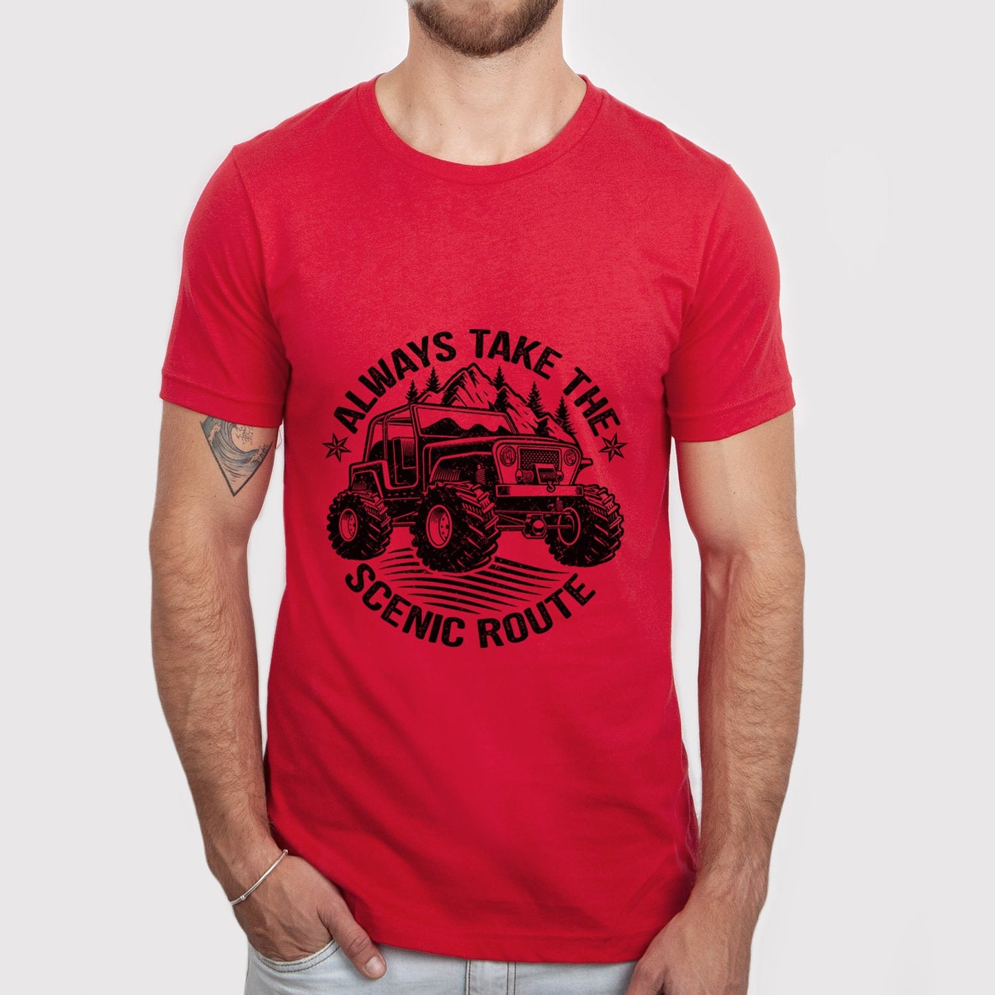 T-shirt « Prenez toujours la route panoramique », T-shirt de route, T-shirt de voyageur, T-shirt de plein air, T-shirt de camping, Aventure en forêt sauvage en voiture tout-terrain