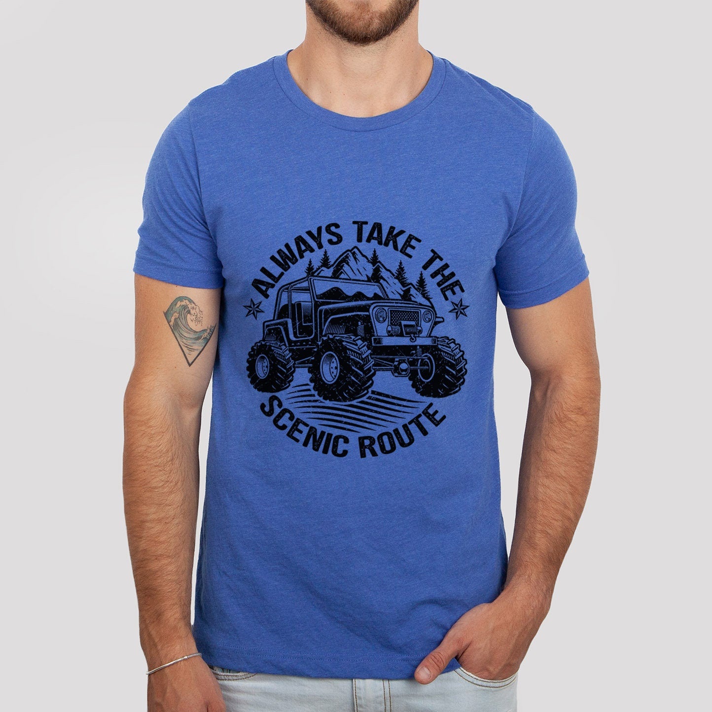 T-shirt « Prenez toujours la route panoramique », T-shirt de route, T-shirt de voyageur, T-shirt de plein air, T-shirt de camping, Aventure en forêt sauvage en voiture tout-terrain