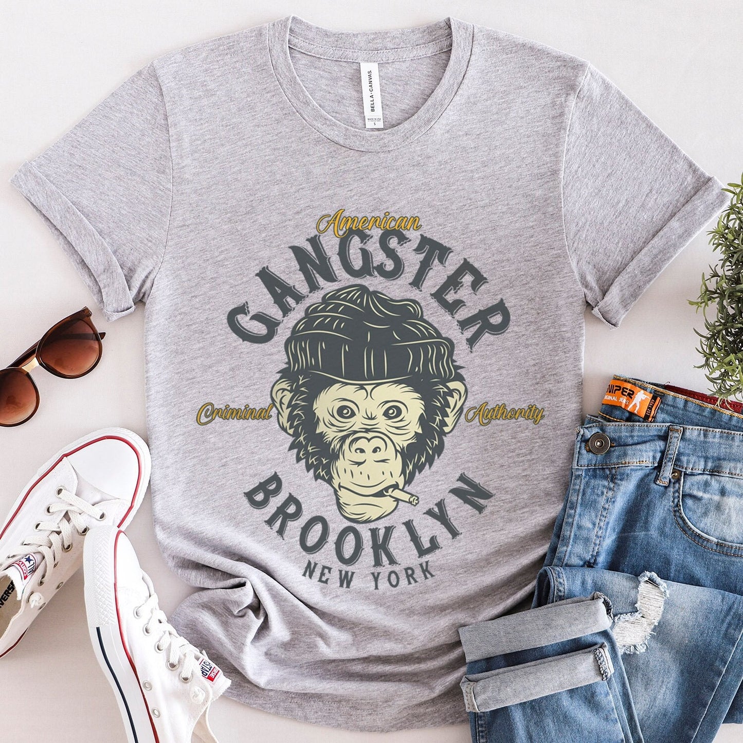 T-shirt singe, T-shirt streetwear, T-shirt singe gangster, T-shirt singe drôle, T-shirt singe gangster Brooklyn New York