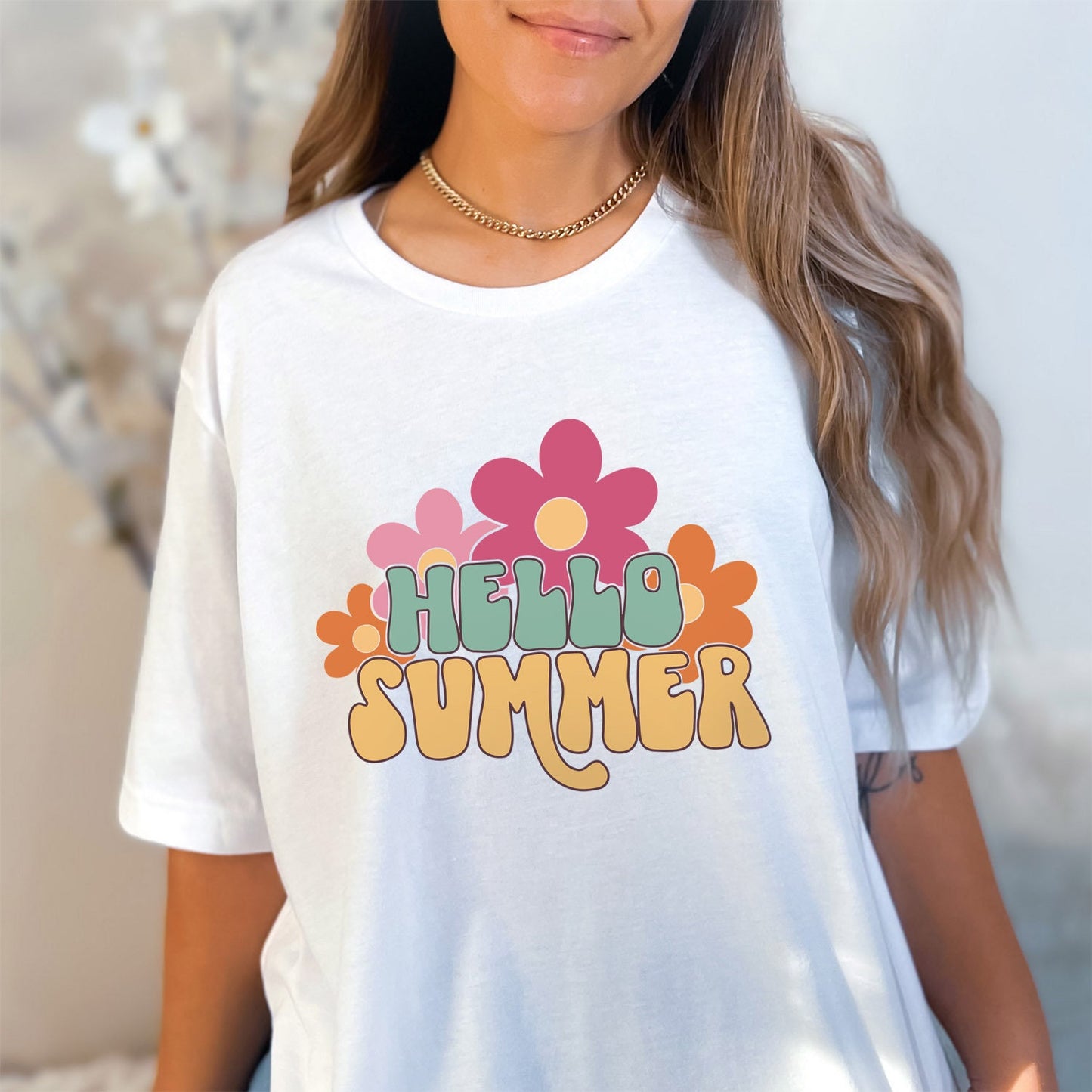 T-shirt Hello Summer, T-shirt à fleurs rétro, T-shirt de plage pour femme, T-shirts d'été, T-shirt à fleurs, T-shirts de plage pour femme, T-shirt de vacances