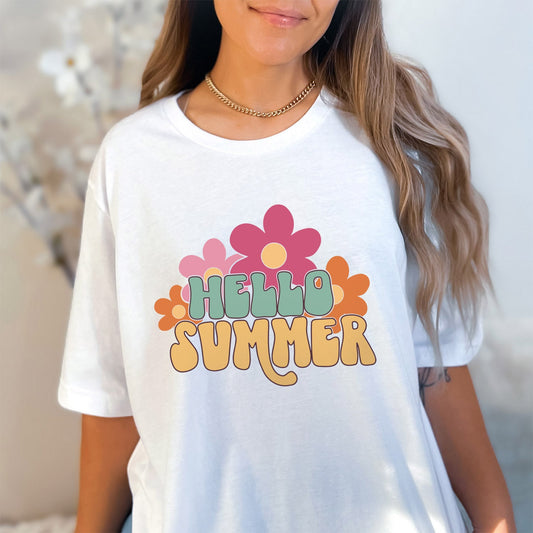 T-shirt Hello Summer, T-shirt à fleurs rétro, T-shirt de plage pour femme, T-shirts d'été, T-shirt à fleurs, T-shirts de plage pour femme, T-shirt de vacances