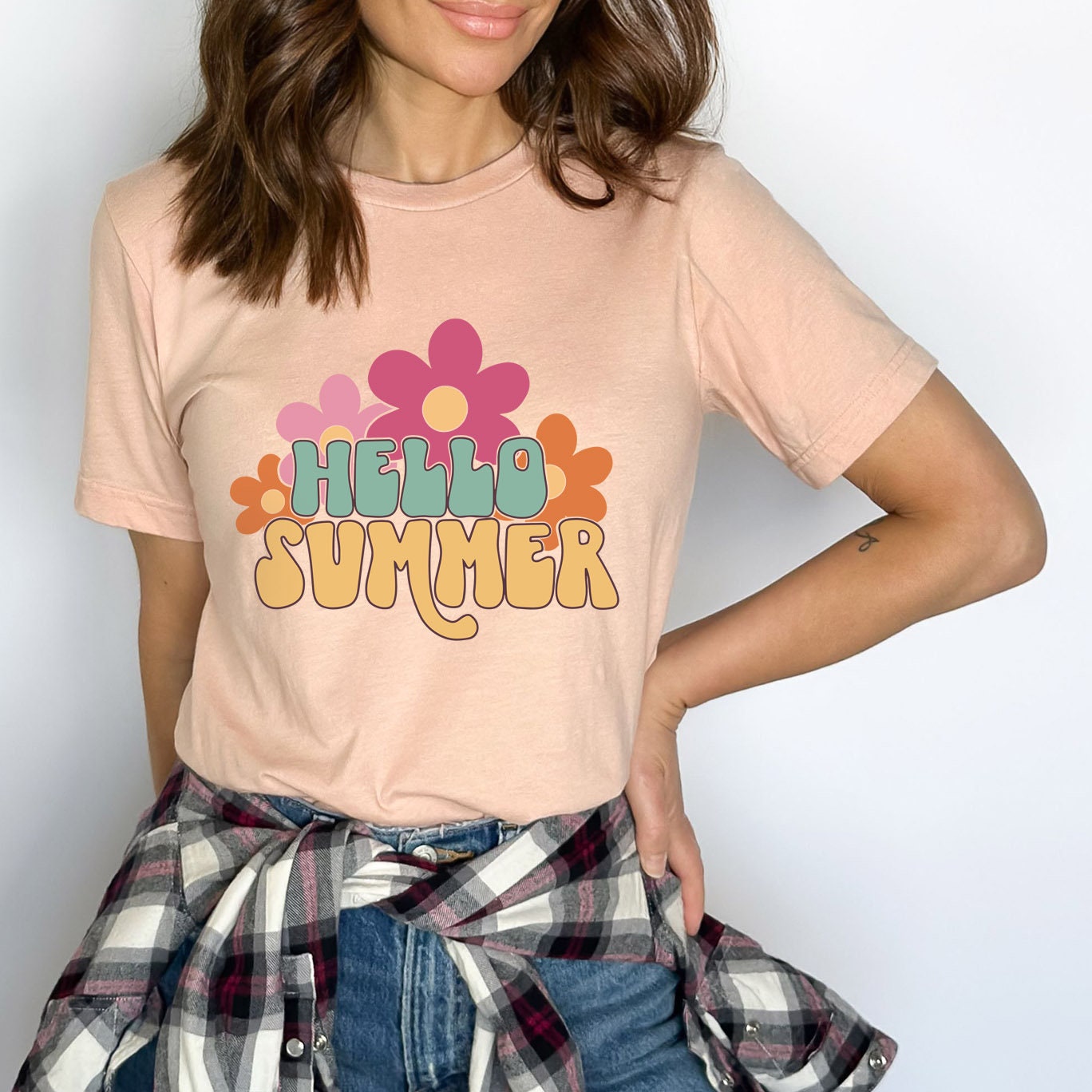 T-shirt Hello Summer, T-shirt à fleurs rétro, T-shirt de plage pour femme, T-shirts d'été, T-shirt à fleurs, T-shirts de plage pour femme, T-shirt de vacances