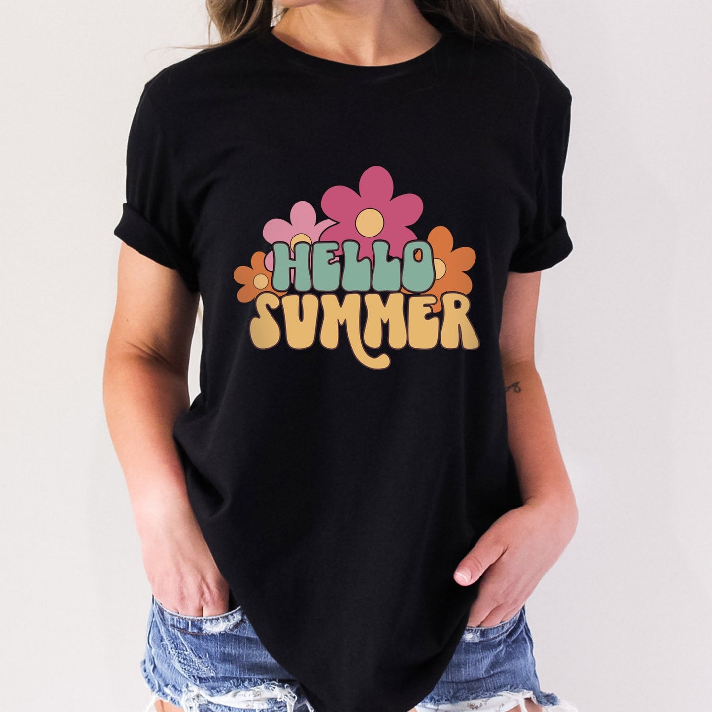 T-shirt Hello Summer, T-shirt à fleurs rétro, T-shirt de plage pour femme, T-shirts d'été, T-shirt à fleurs, T-shirts de plage pour femme, T-shirt de vacances