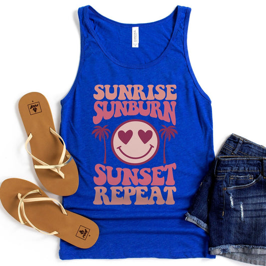 Débardeur d'été, débardeur de plage pour femme, chemise rétro, débardeur Sunrise Sunburn Sunset Repeat, chemise de vacances, débardeur pour femme, t-shirt Smiley Face