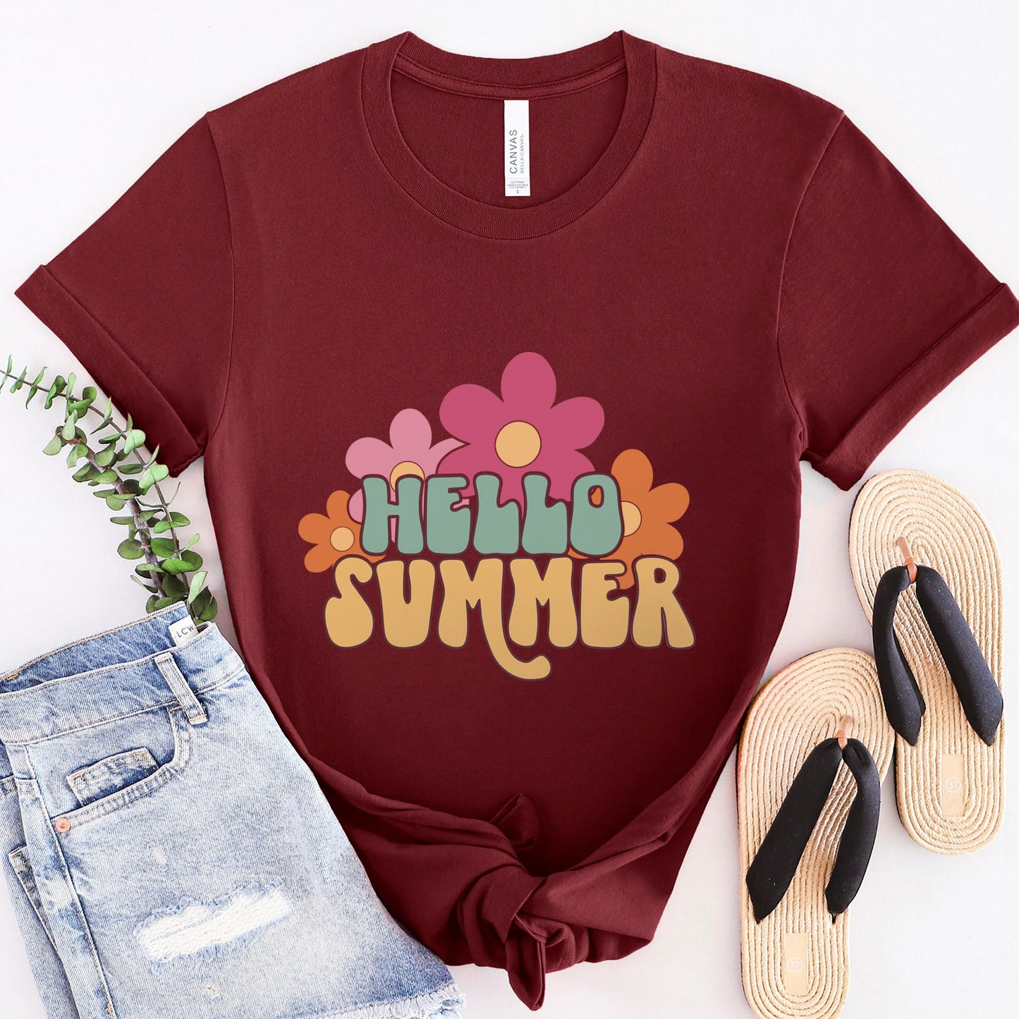 T-shirt Hello Summer, T-shirt à fleurs rétro, T-shirt de plage pour femme, T-shirts d'été, T-shirt à fleurs, T-shirts de plage pour femme, T-shirt de vacances