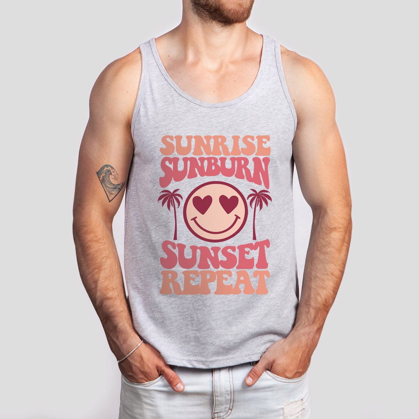 Summer Tank Top, Beach Tank for Women, Retro Shirt, Sunrise Sunburn Sunset Repeat Tank, Vacation Shirt, Tank for Women, Smiley Face Tee