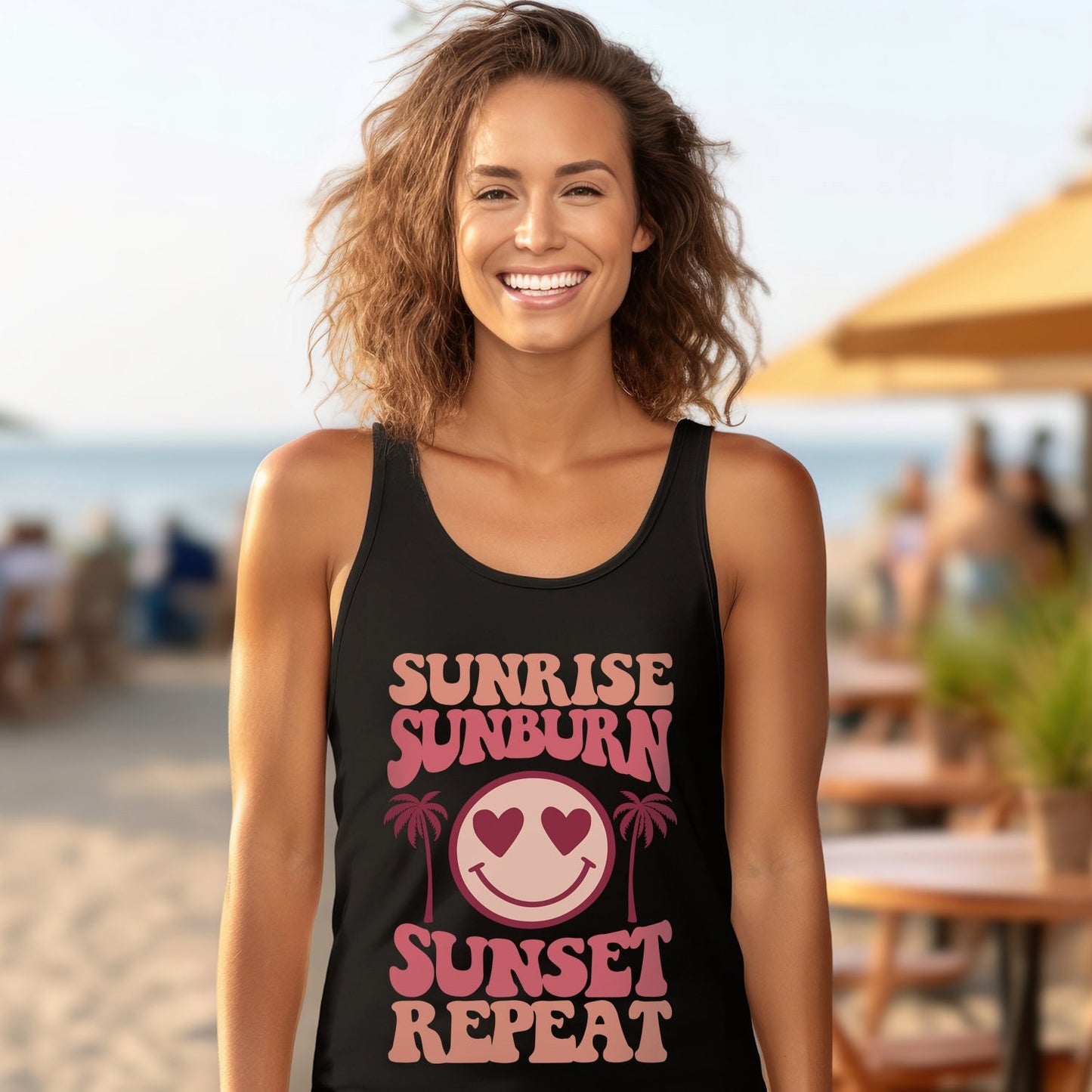 Summer Tank Top, Beach Tank for Women, Retro Shirt, Sunrise Sunburn Sunset Repeat Tank, Vacation Shirt, Tank for Women, Smiley Face Tee