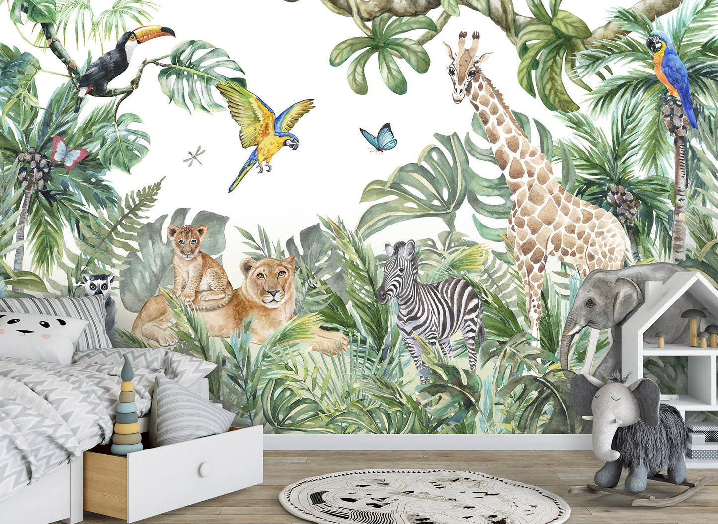 Jungle Animals Wallpaper for Children, Safari Animals Mural, Mural for Kids Room, Peel and Stick Wallpaper, Fabric Mural, Tropical Animals