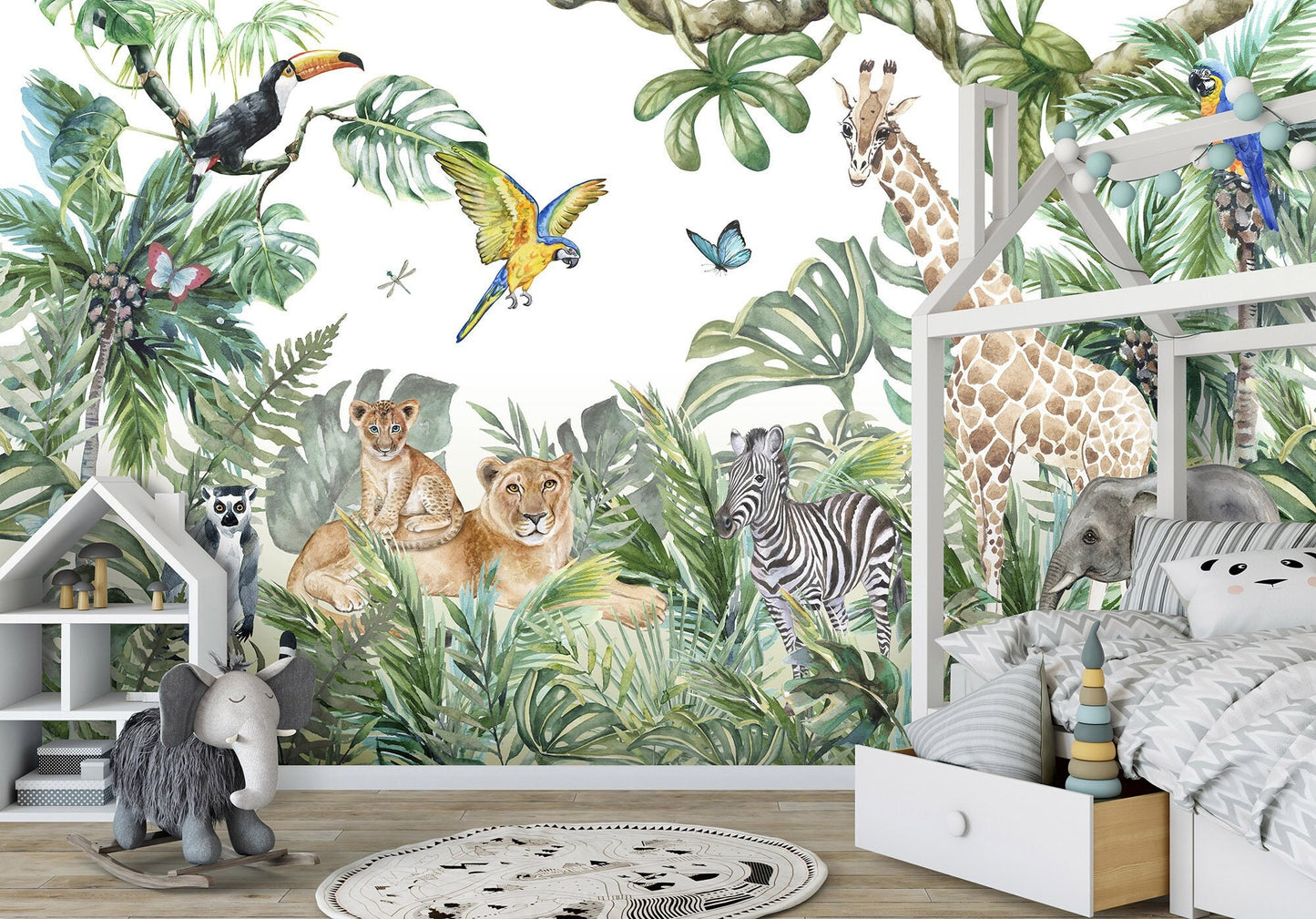 Jungle Animals Wallpaper for Children, Safari Animals Mural, Mural for Kids Room, Peel and Stick Wallpaper, Fabric Mural, Tropical Animals