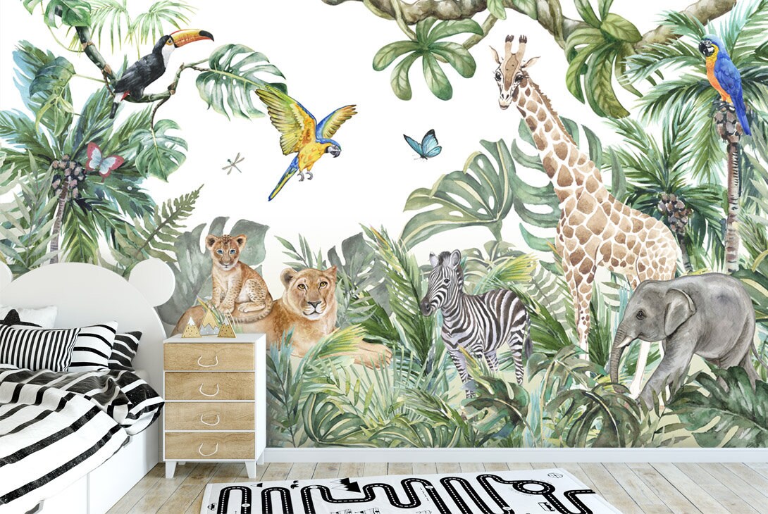 Jungle Animals Wallpaper for Children, Safari Animals Mural, Mural for Kids Room, Peel and Stick Wallpaper, Fabric Mural, Tropical Animals