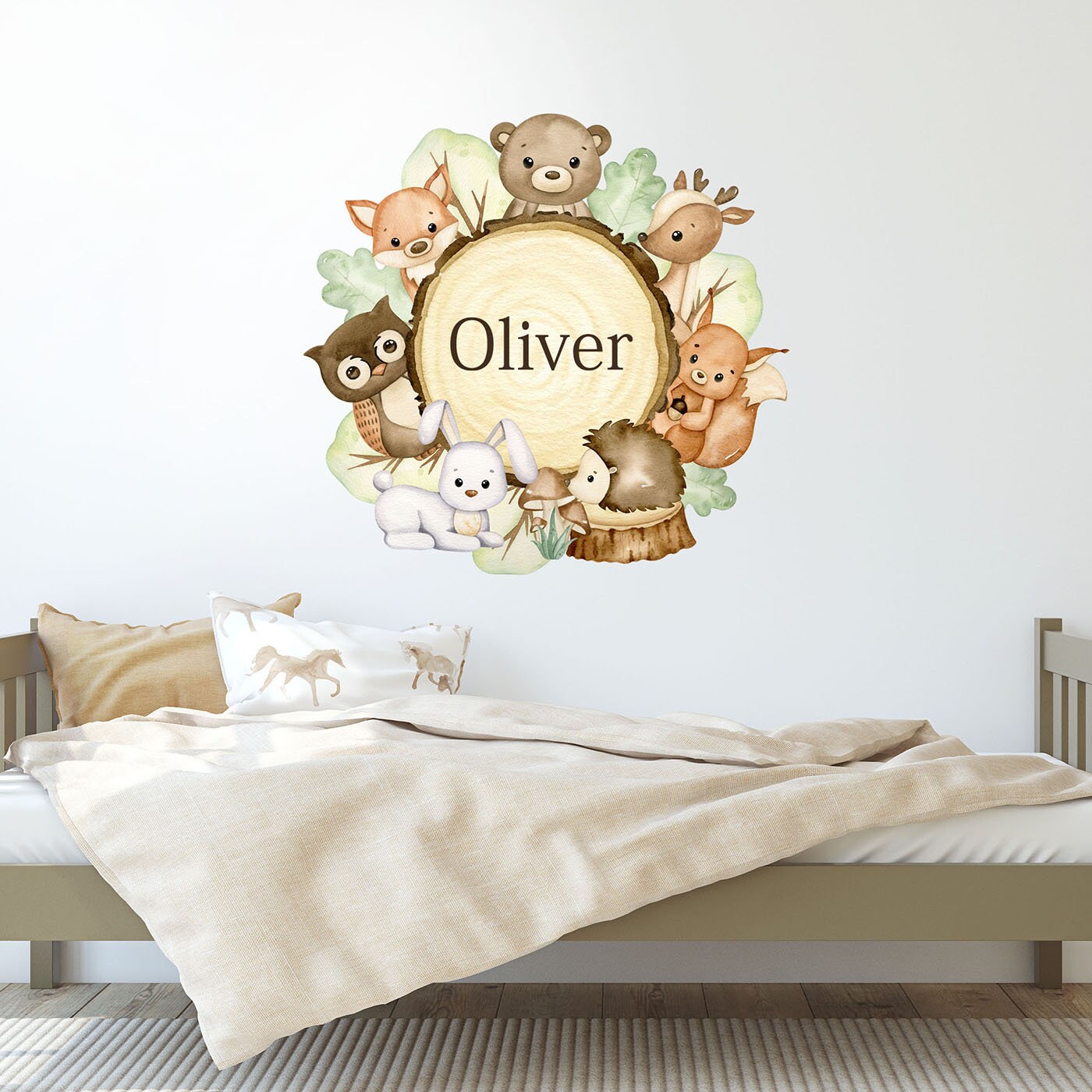 FOREST Animals Wreath Wall Decal, Custom Name Decal, Woodland Animals Wall Sticker, Forest Nursery Wall Decor, Frame Decal, Door Sticker