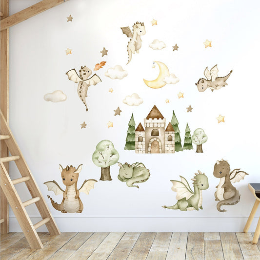 DRAGONS Wall Decal, Dragons Sticker, Watercolor Dragons Wall Decal, Castle Wall Decal, Fairy Tale Wall Sticker, Moon and Stars Wall Decal