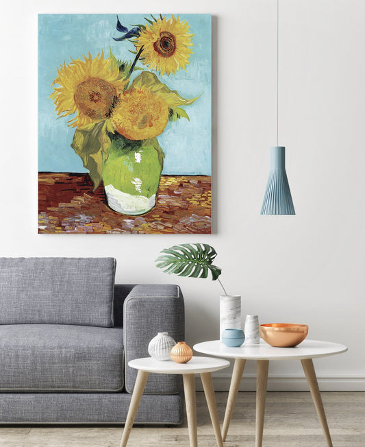 Vincent Van Gogh Vase with Three Sunflowers Stretched Canvas Wall Art, Van Gogh Reproduction Print, Van Gogh Sunflowers Vase Painting