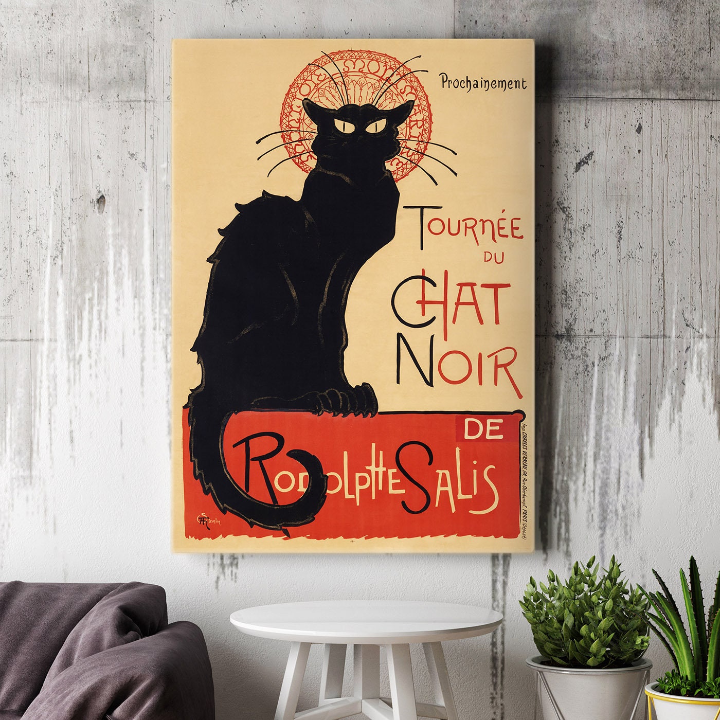 Tournée du Chat Noir Toile tendue Wall Art, Black Cat Reproduction vintage Canvas Print, Tournée du Chat Noir Peinture prête à accrocher