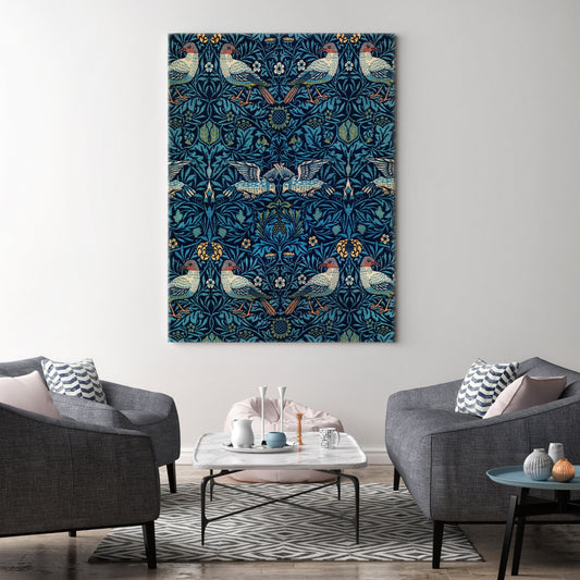 William Morris Birds Blue Pattern Stretched Canvas Wall Art, William Morris Fabric Pattern Art, William Morris Vintage Reproduction Canvas