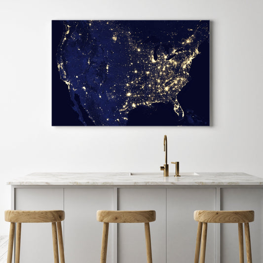 United States of America at Night View Canvas Print, Satellite Image Print, NASA Print Space Art, Lights Sky Space Telescope Images Print