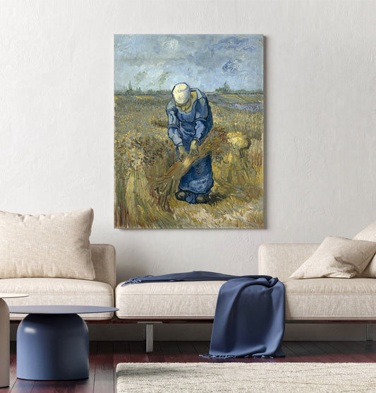 Reproduction d'art sur toile tendue de Vincent Van Gogh, Paysanne liant des gerbes (d'après Millet), Peinture de Van Gogh