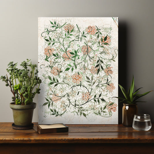 William Morris Jasmine Pattern Stretched Canvas Wall Art, William Morris Floral Pattern Victorian Art Canvas Reproduction, Vintage Wall Art