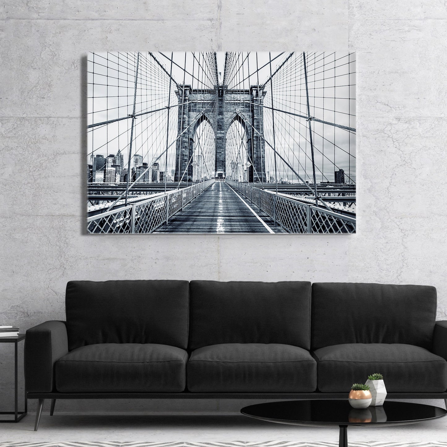 Brooklyn Bridge Stretched Canvas Wall Art Print, NYC Photography, Modern Black and White Urban Canvas Print, Architecture Canvas Print