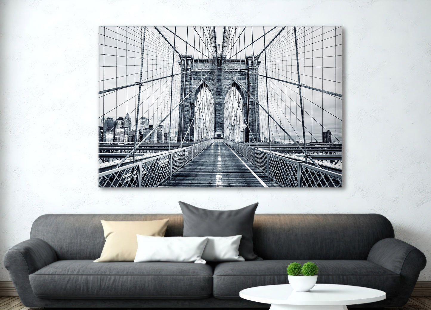 Brooklyn Bridge Stretched Canvas Wall Art Print, NYC Photography, Modern Black and White Urban Canvas Print, Architecture Canvas Print