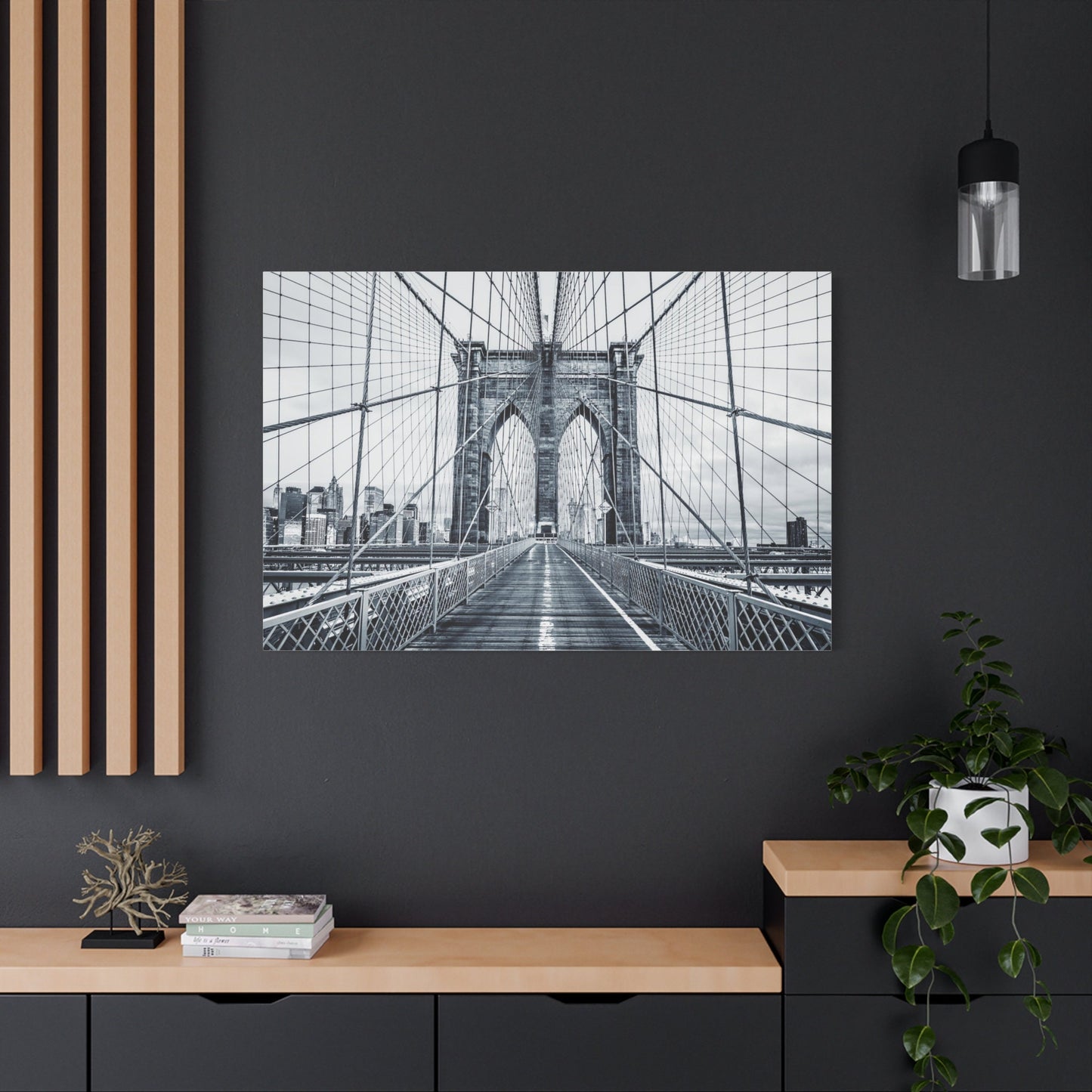 Brooklyn Bridge Stretched Canvas Wall Art Print, NYC Photography, Modern Black and White Urban Canvas Print, Architecture Canvas Print