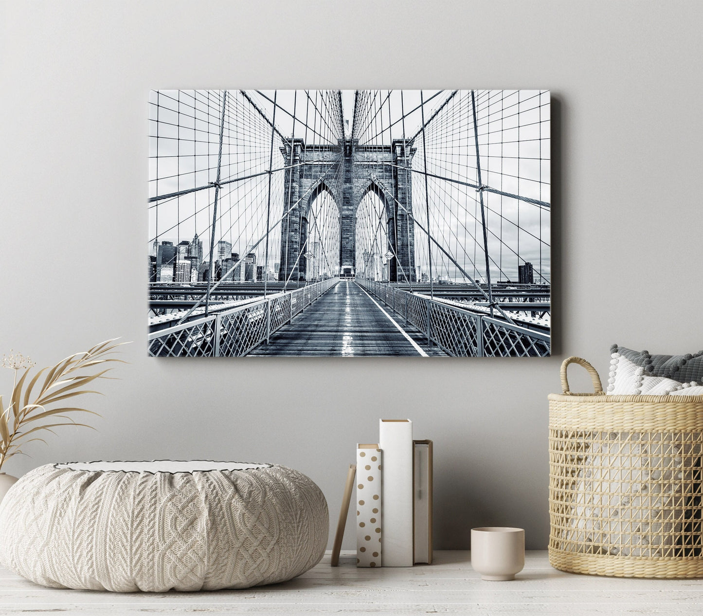 Brooklyn Bridge Stretched Canvas Wall Art Print, NYC Photography, Modern Black and White Urban Canvas Print, Architecture Canvas Print