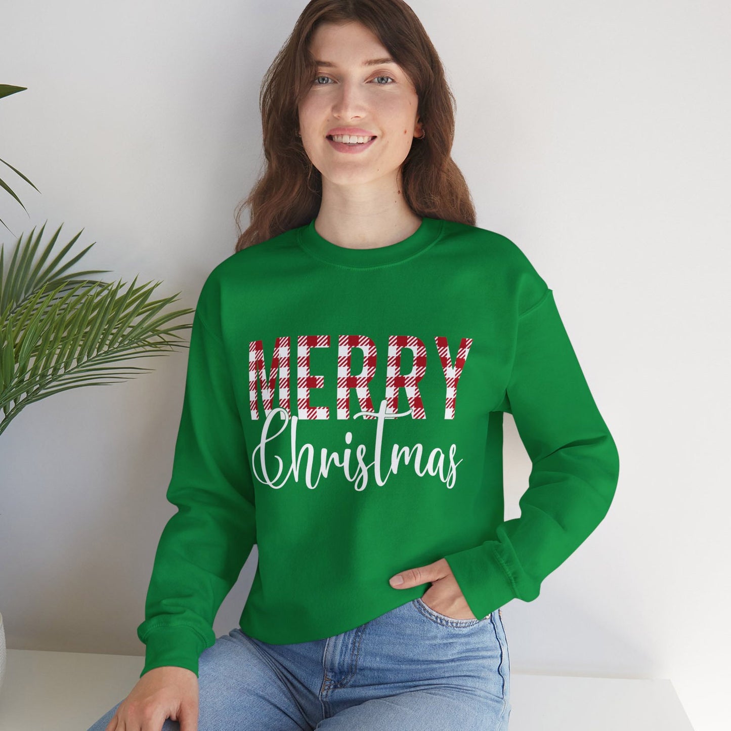 Merry Christmas Sweatshirt, Plaid Pattern Holidays Gift Sweatshirt, Santa Shirt, Unisex Heavy Blend Sweatshirt, Gift for Her, Gift for Him