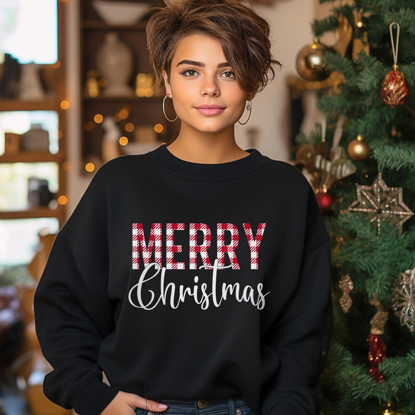 Merry Christmas Sweatshirt, Plaid Pattern Holidays Gift Sweatshirt, Santa Shirt, Unisex Heavy Blend Sweatshirt, Gift for Her, Gift for Him