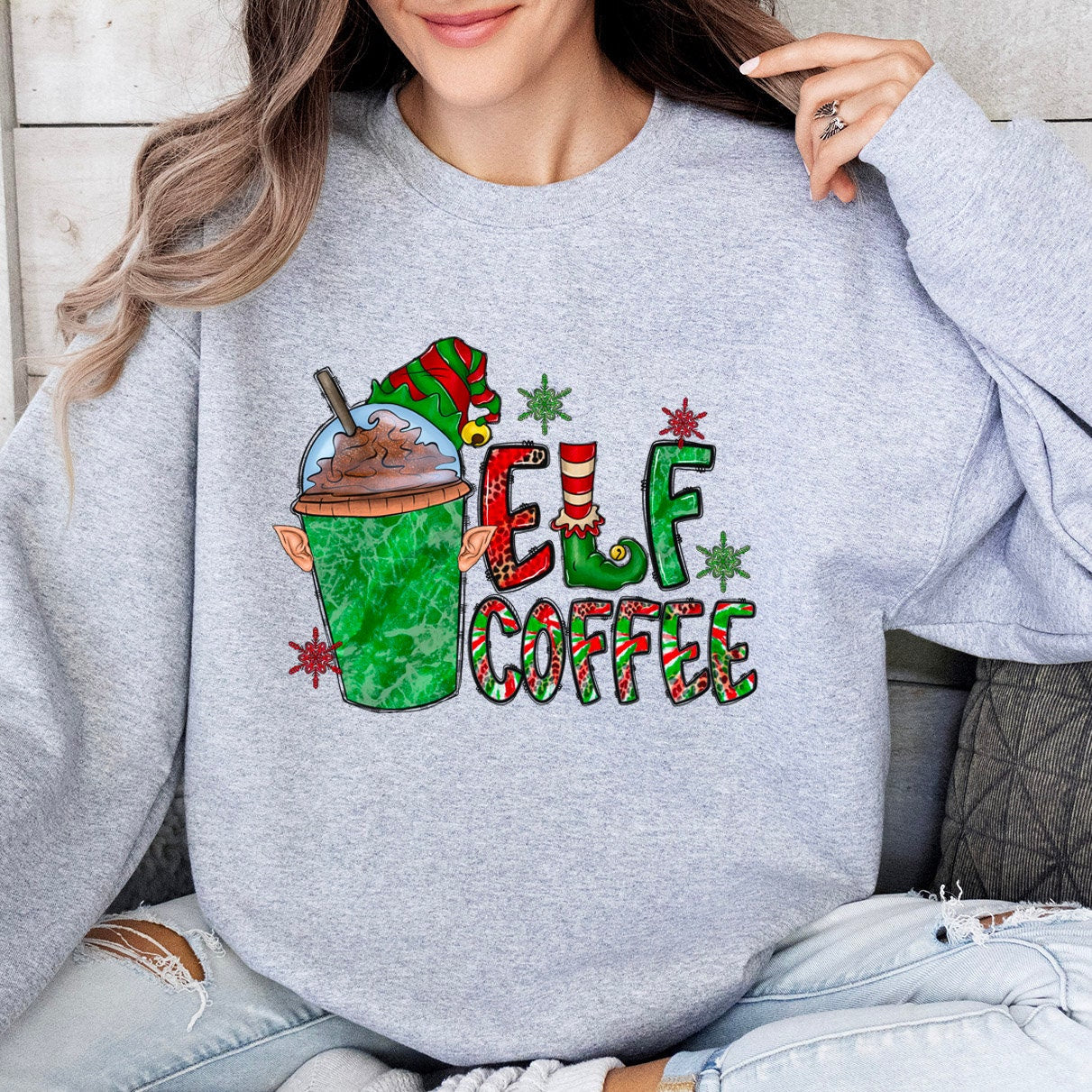 Elf Sweatshirt, Christmas Sweatshirt, Funny Elf Coffee Shirt, Holidays Gift Sweatshirt, Xmas Unisex Sweatshirt, Gift for Her, Gift for Him