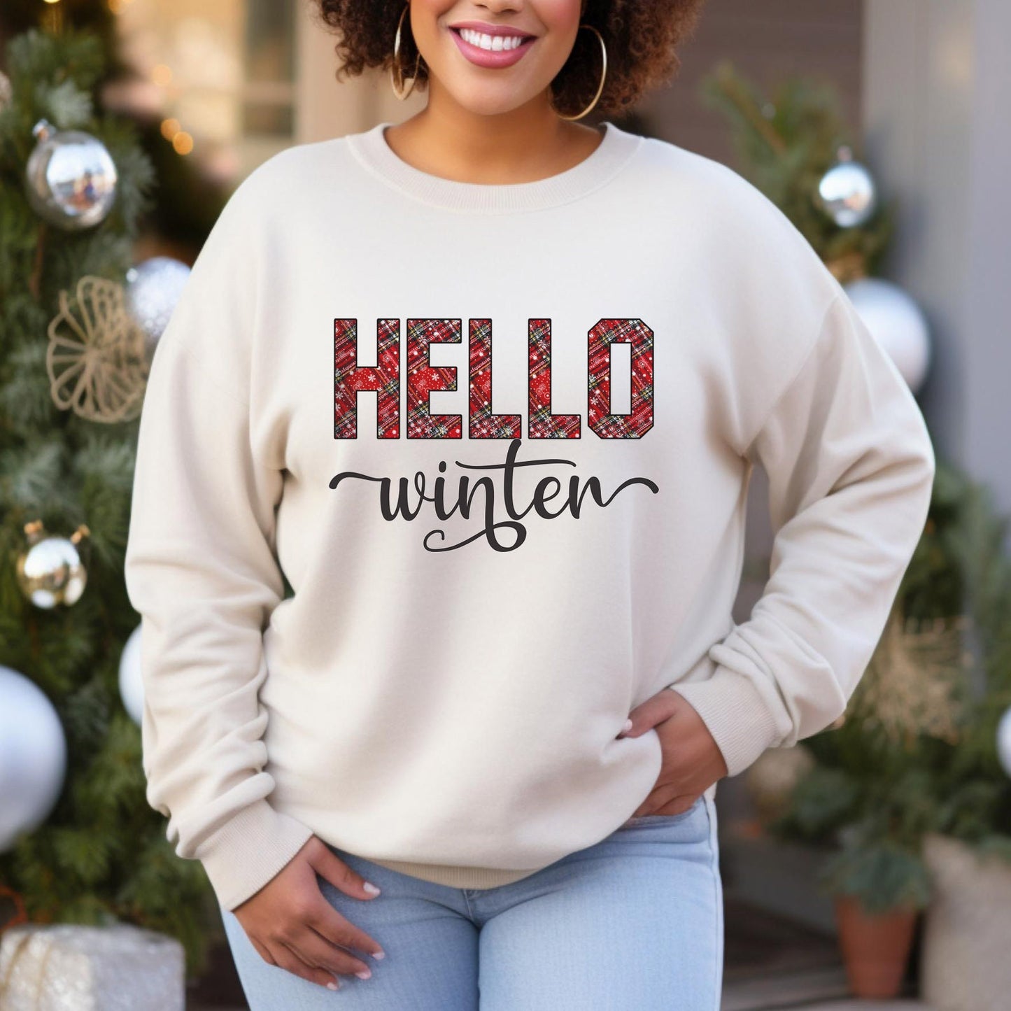 Hello Winter Sweatshirt, Winter Season Gift Sweatshirt, Christmas Gift Holidays Shirt, Winter Holidays Xmas Unisex Gift Sweatshirt