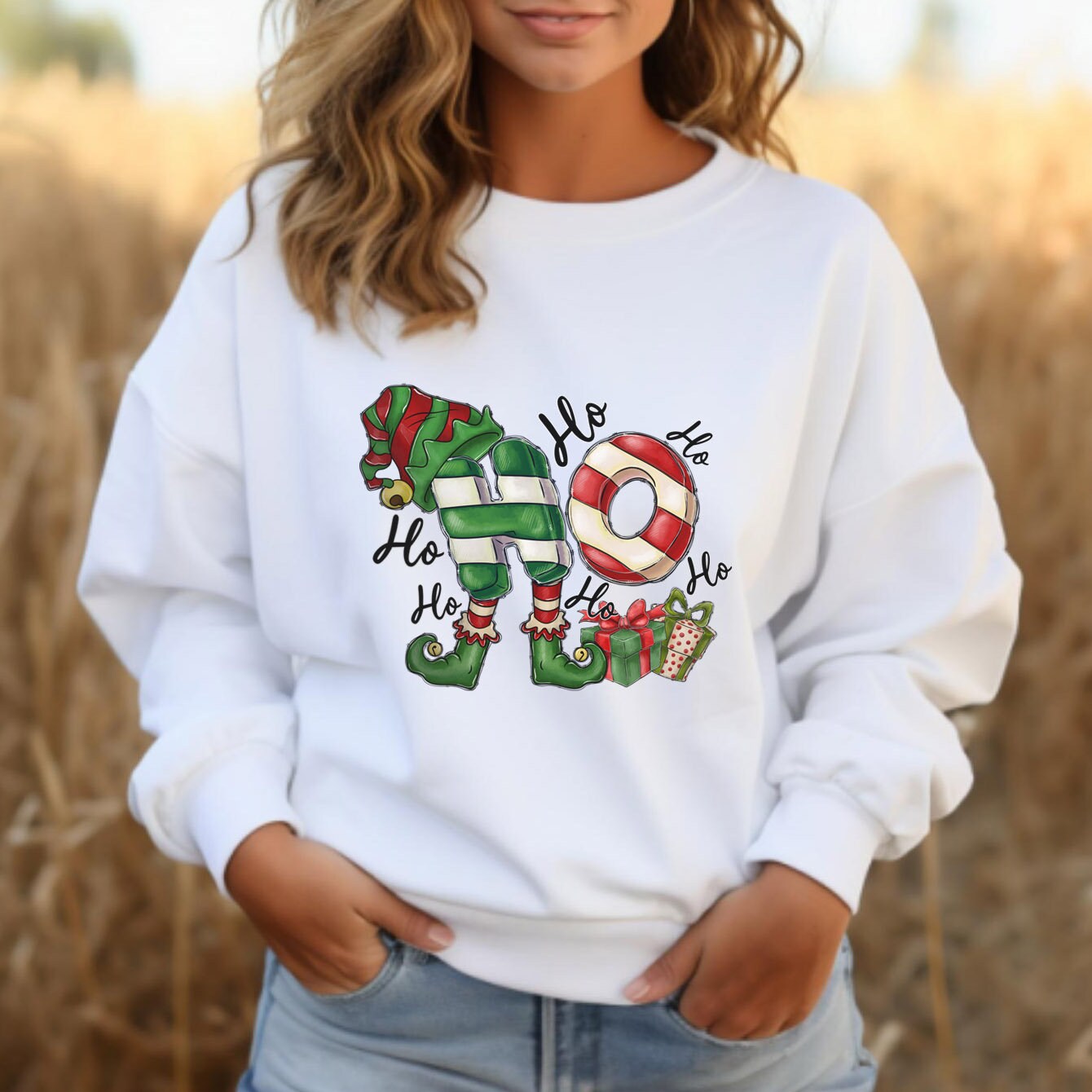 Ho Ho Ho Elf Christmas Sweatshirt, Christmas Santa Gift Shirt, Winter Elf Holidays Xmas Unisex Gift Sweatshirt, Gift for Her, Gift for Him