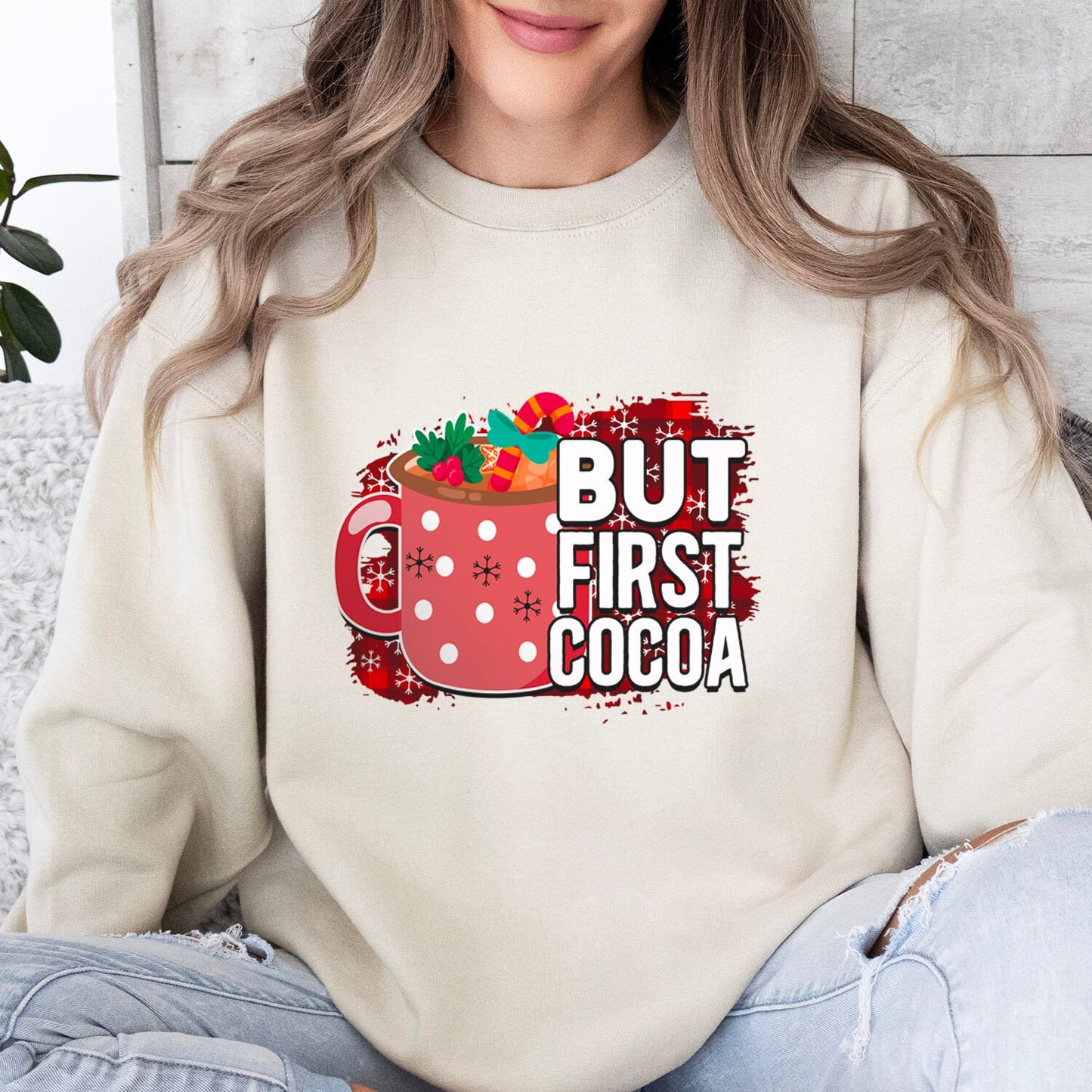 But First Cocoa Funny Christmas Long Sleeves Sweatshirt, Holidays Xmas Gift Sweatshirt, Winter Unisex Sweatshirt, Gift for Him, Gift for Her