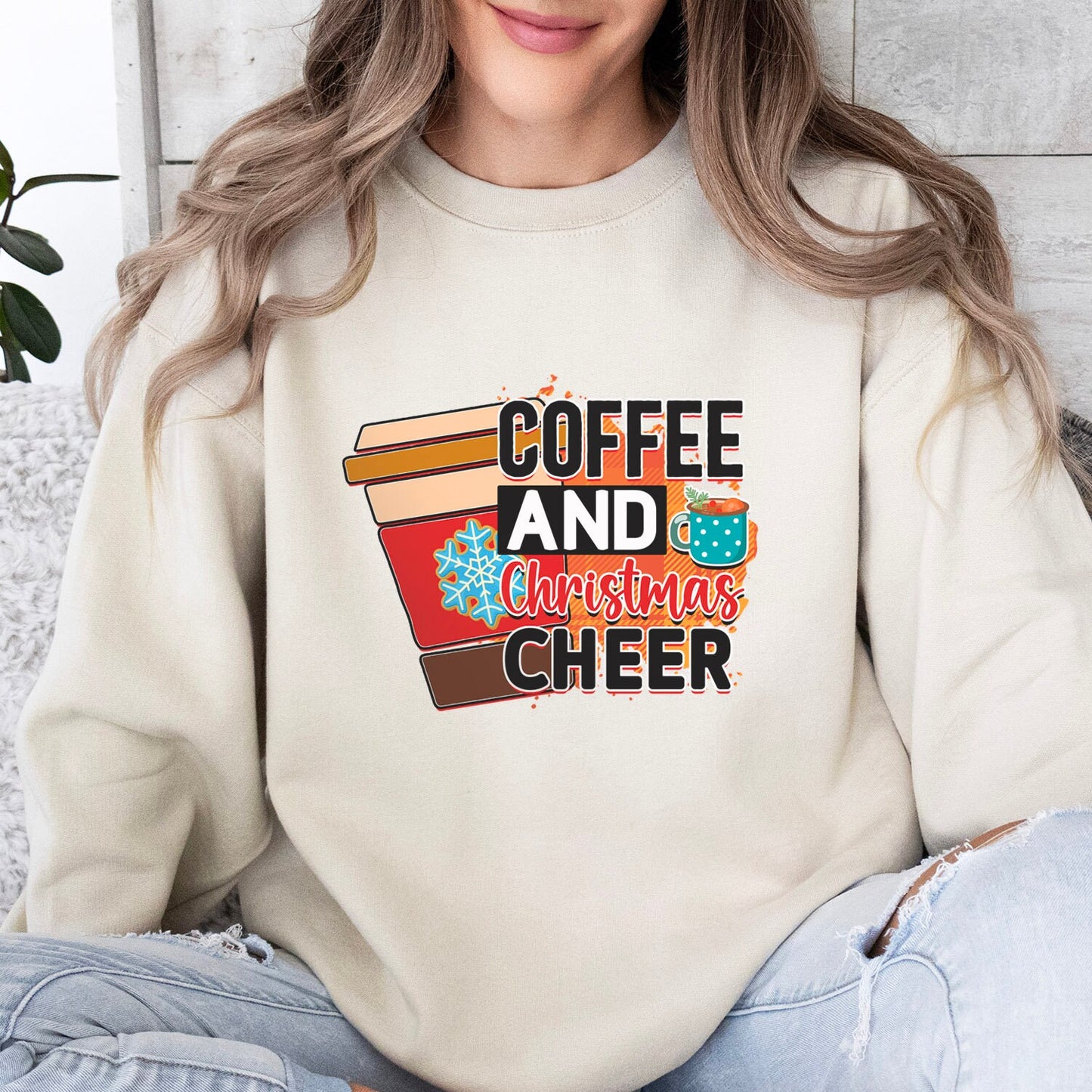 Sweat-shirt à manches longues avec inscription « Café et joie de Noël », cadeau de Noël pour les vacances d'hiver, sweat-shirt unisexe d'hiver, cadeau pour elle