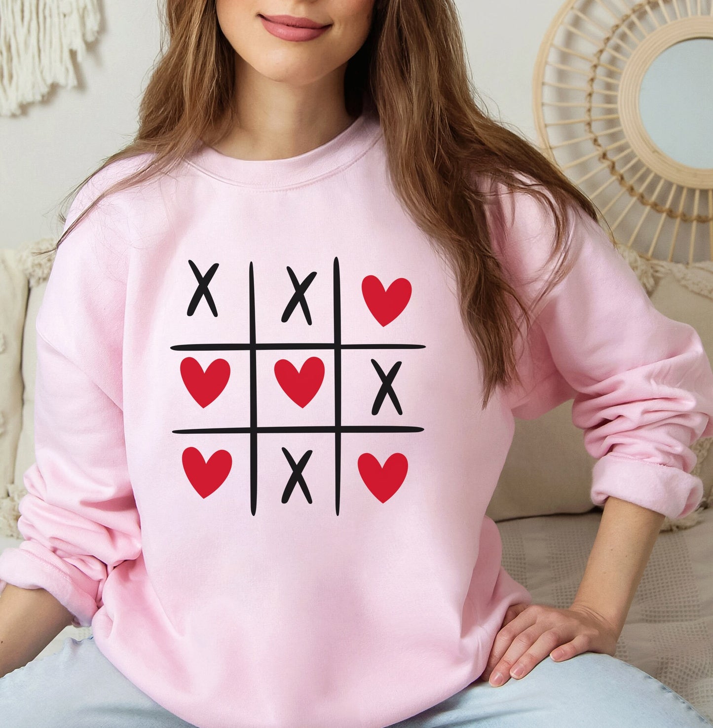 Tic tac toe Valentine Hearts Sweatshirt, Valentines Day Gift Long Sleeves Shirt, Shirt with Hearts for Valentines Day, Gift for Her