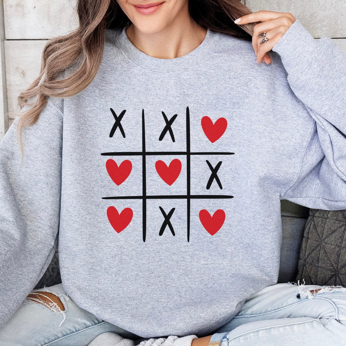 Tic tac toe Valentine Hearts Sweatshirt, Valentines Day Gift Long Sleeves Shirt, Shirt with Hearts for Valentines Day, Gift for Her