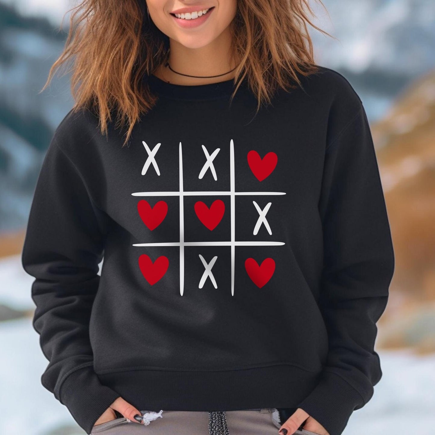 Tic tac toe Valentine Hearts Sweatshirt, Valentines Day Gift Long Sleeves Shirt, Shirt with Hearts for Valentines Day, Gift for Her