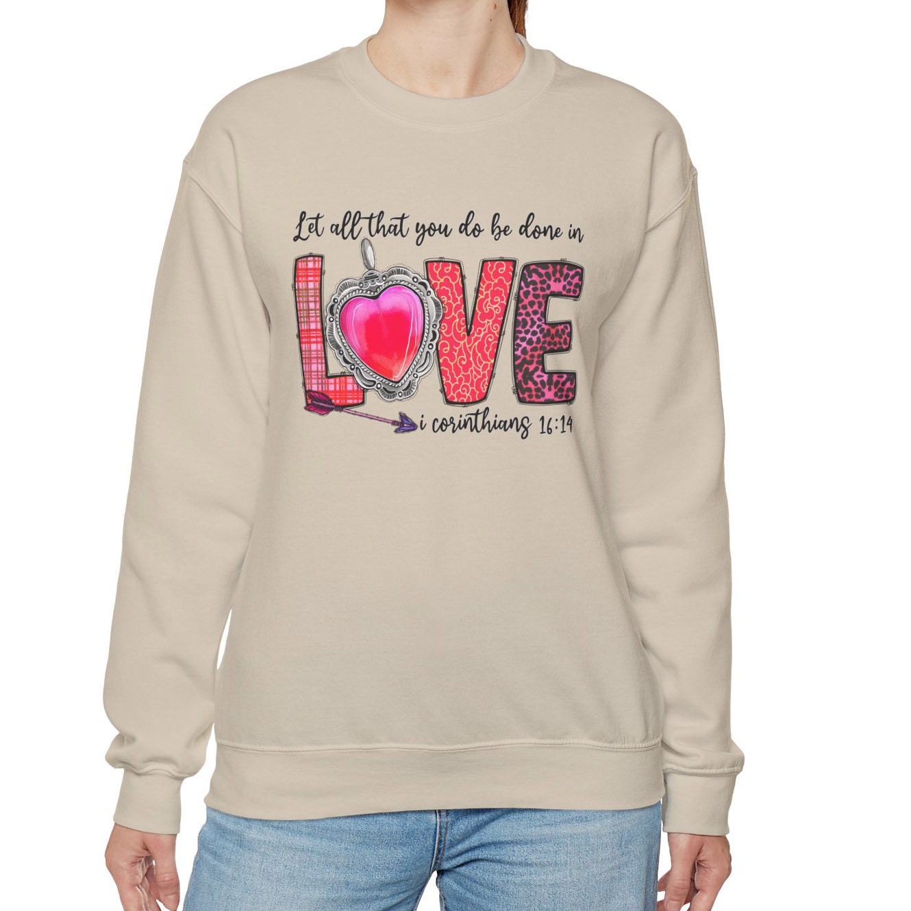 Corinthians Love Valentines Day Sweatshirt, Valentines Day Gift Long Sleeve Shirt with Hearts, Let All that you do be done in love Shirt