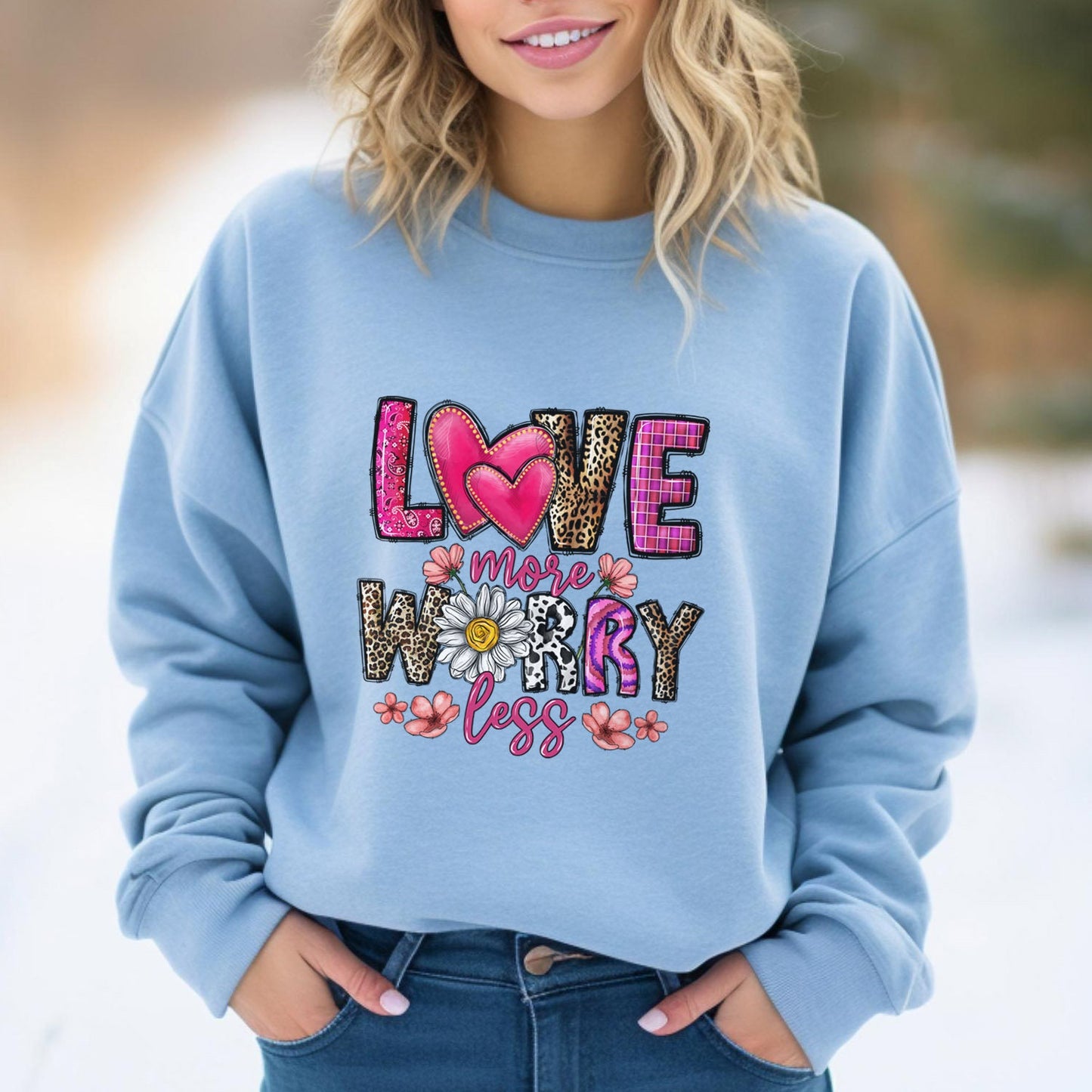 Love More Worry Less Valentine's Day Sweatshirt, Valentines Day Long Sleeves Love Shirt, Shirt with Heart for Valentines Day Gift for Her