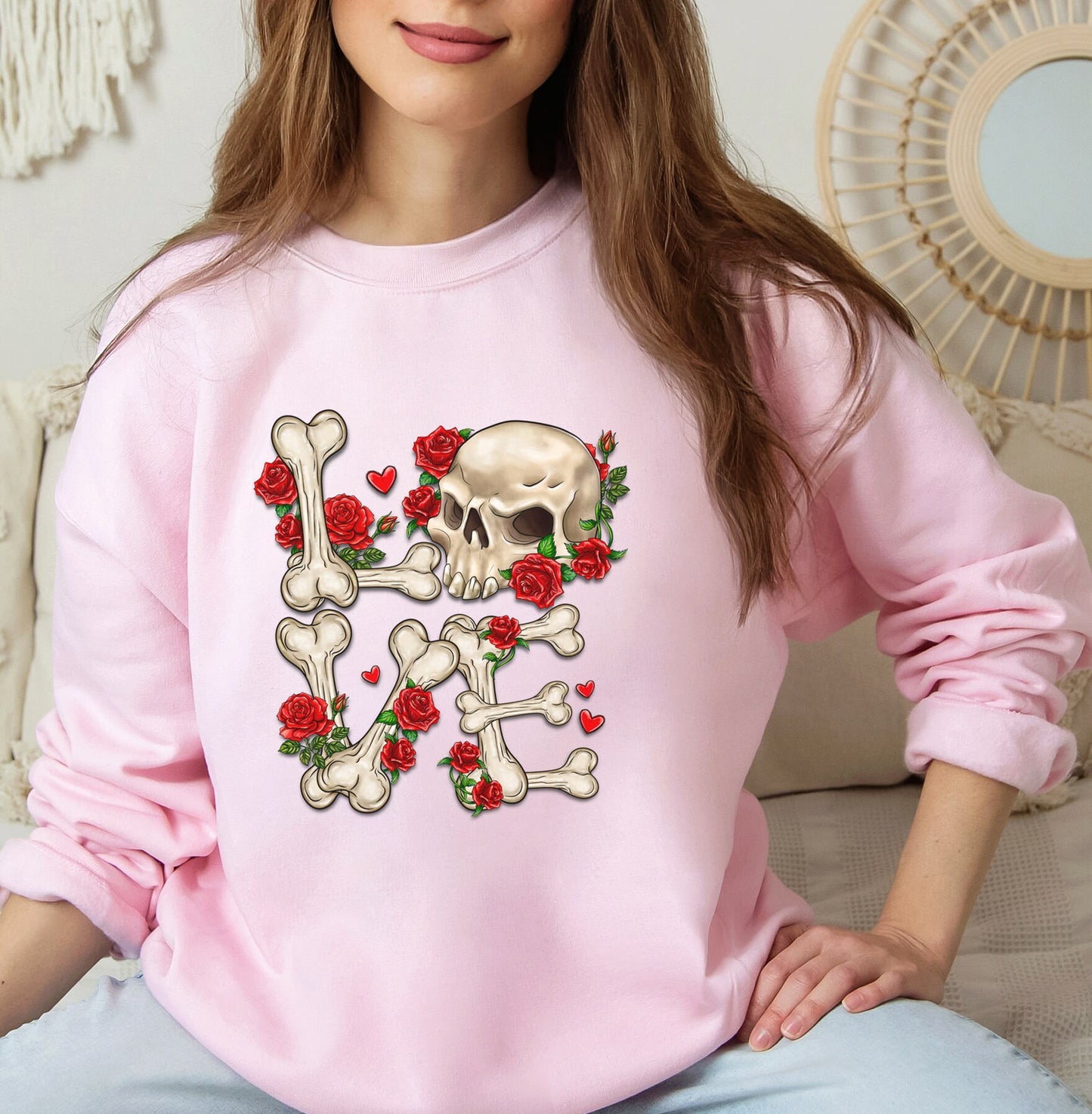 Sweat-shirt squelette d'amour pour la Saint-Valentin, chemise squelette à manches longues pour la Saint-Valentin, chemise cadeau pour la Saint-Valentin, chemise tête de mort et fleurs