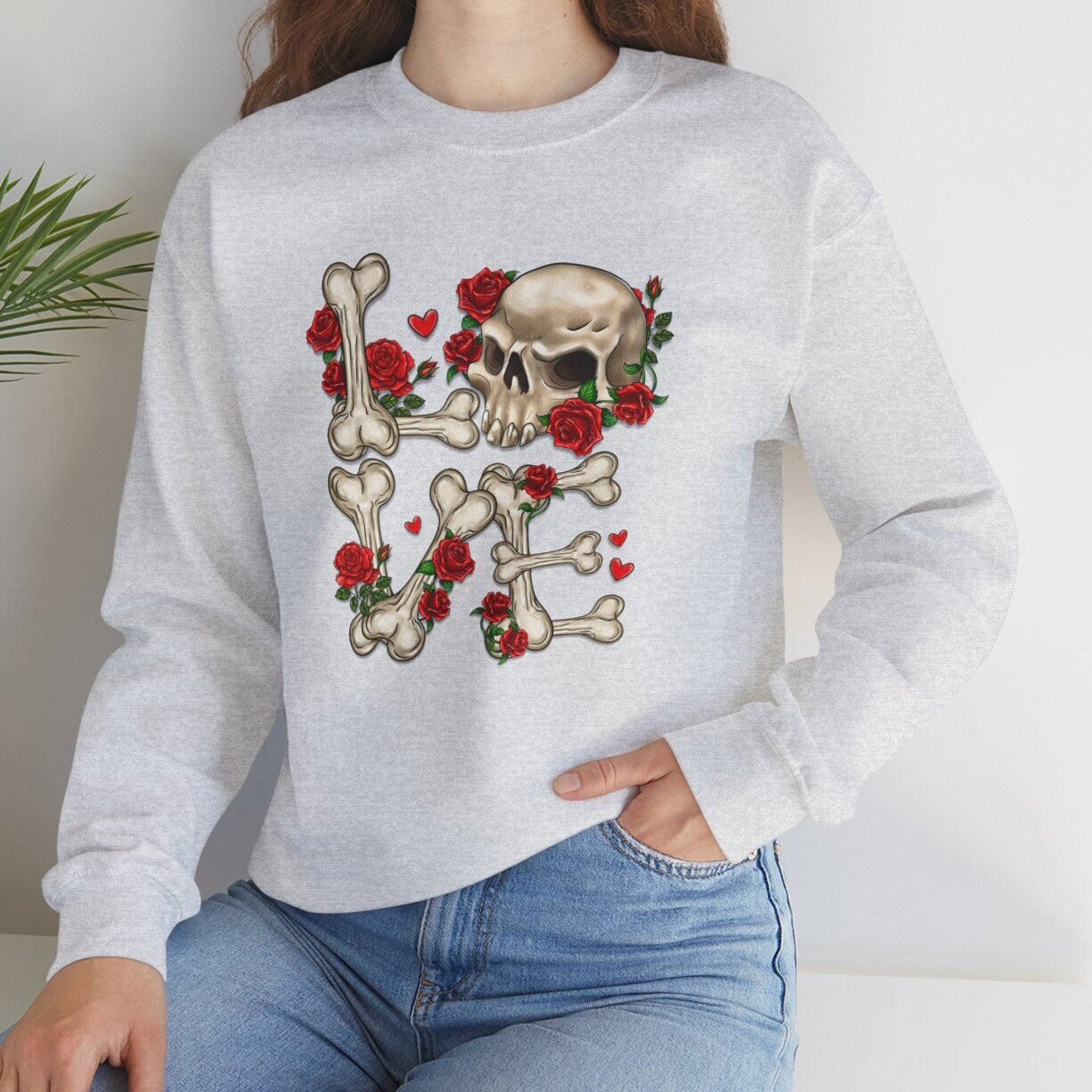 Sweat-shirt squelette d'amour pour la Saint-Valentin, chemise squelette à manches longues pour la Saint-Valentin, chemise cadeau pour la Saint-Valentin, chemise tête de mort et fleurs